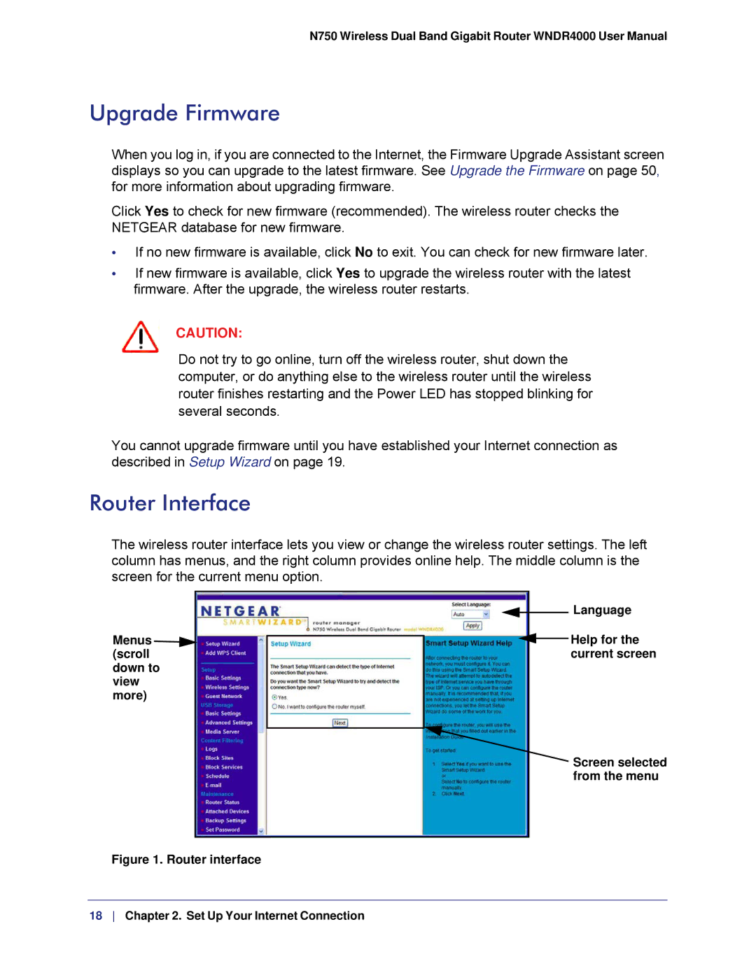 NETGEAR WNDR4000, N750 user manual Upgrade Firmware, Router Interface 