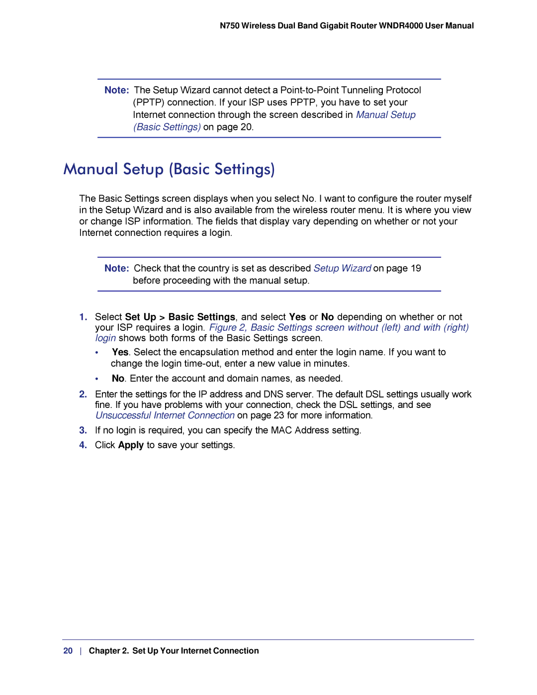 NETGEAR WNDR4000, N750 user manual Manual Setup Basic Settings 