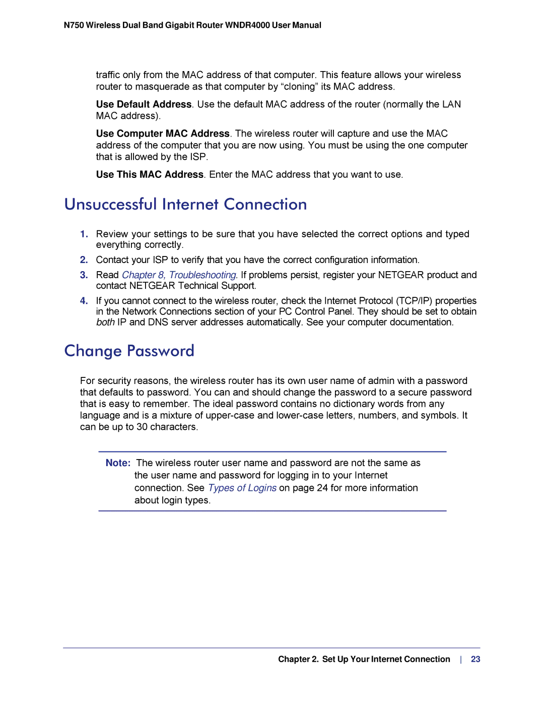 NETGEAR N750, WNDR4000 user manual Unsuccessful Internet Connection, Change Password 