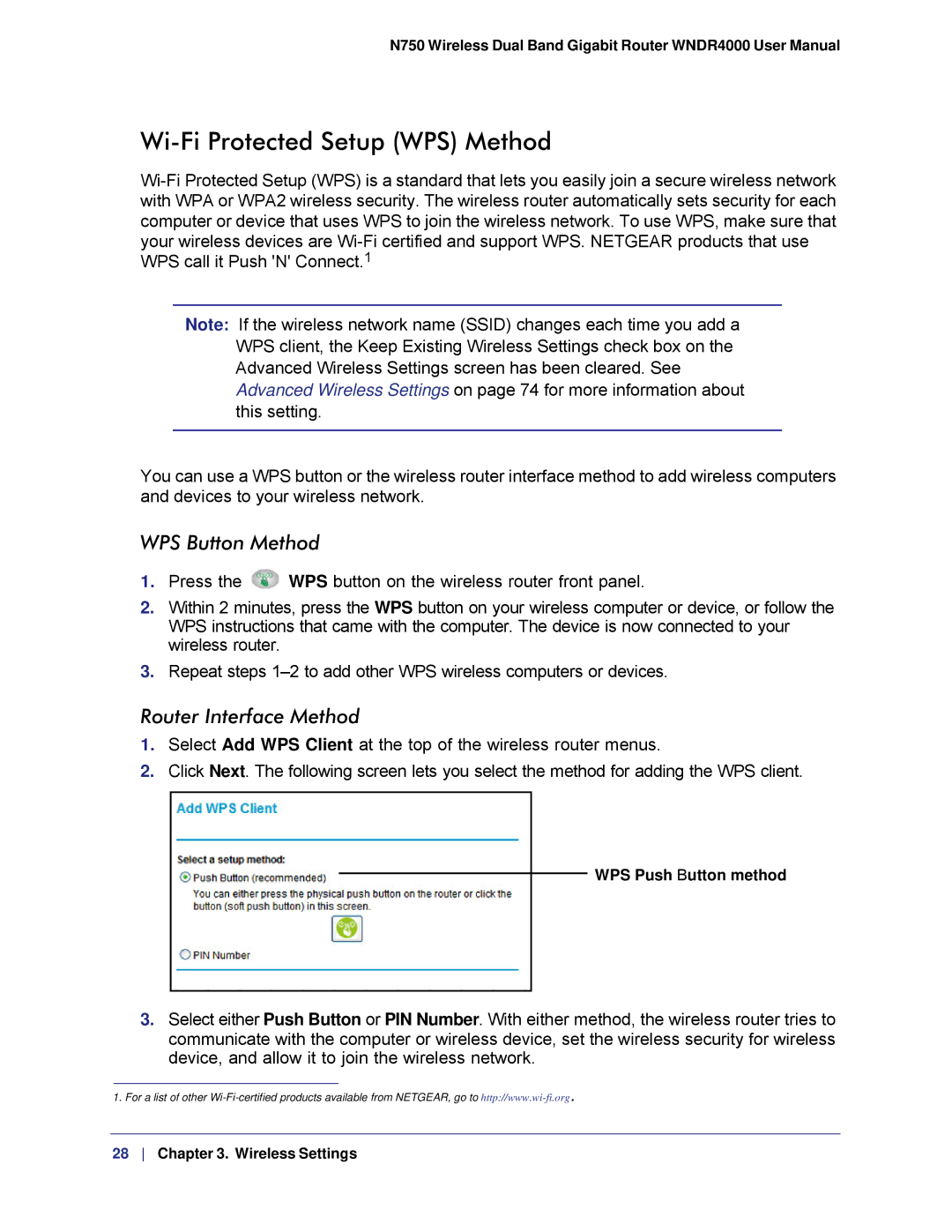 NETGEAR WNDR4000, N750 user manual Wi-Fi Protected Setup WPS Method, WPS Button Method 