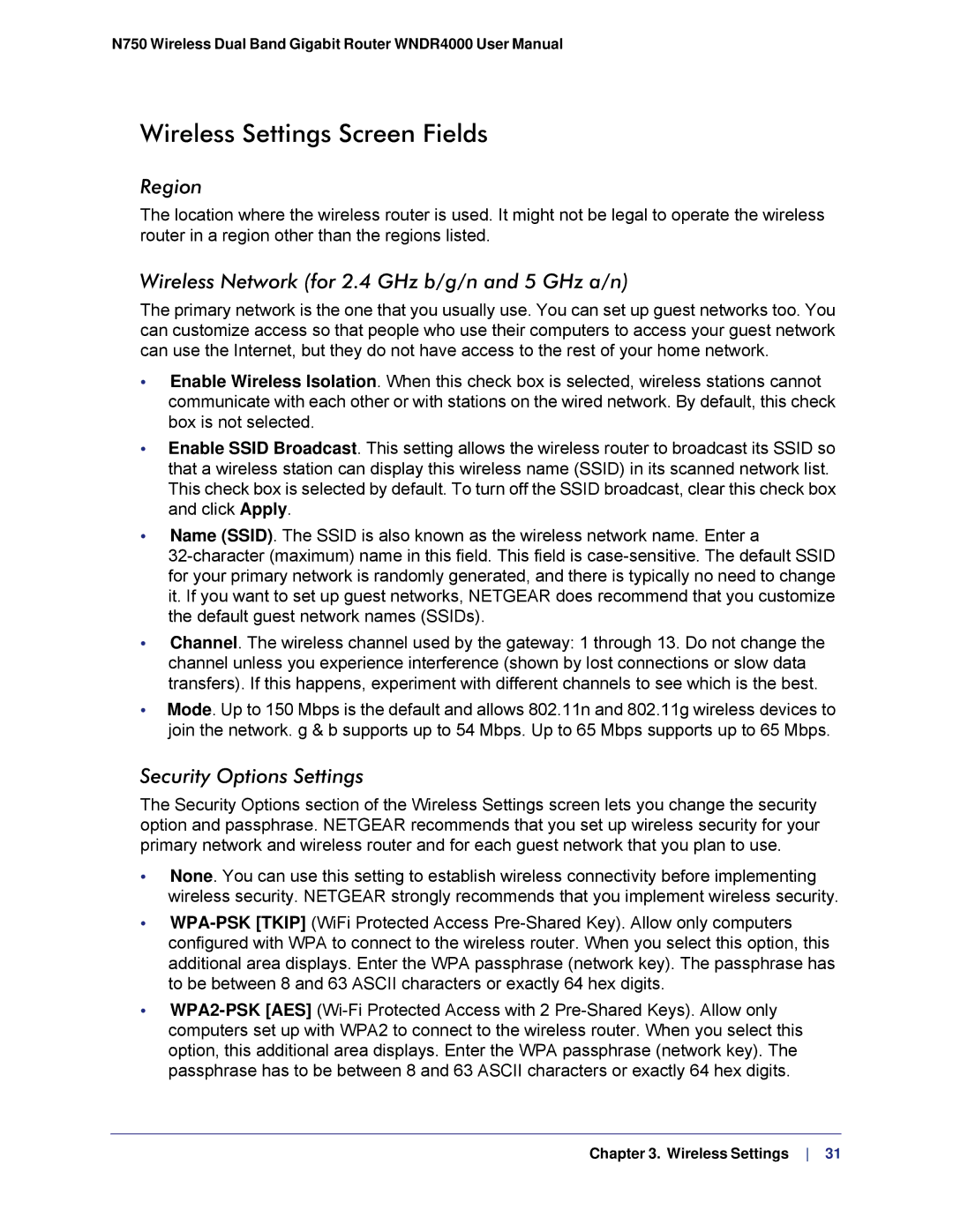 NETGEAR N750, WNDR4000 user manual Wireless Settings Screen Fields, Region 