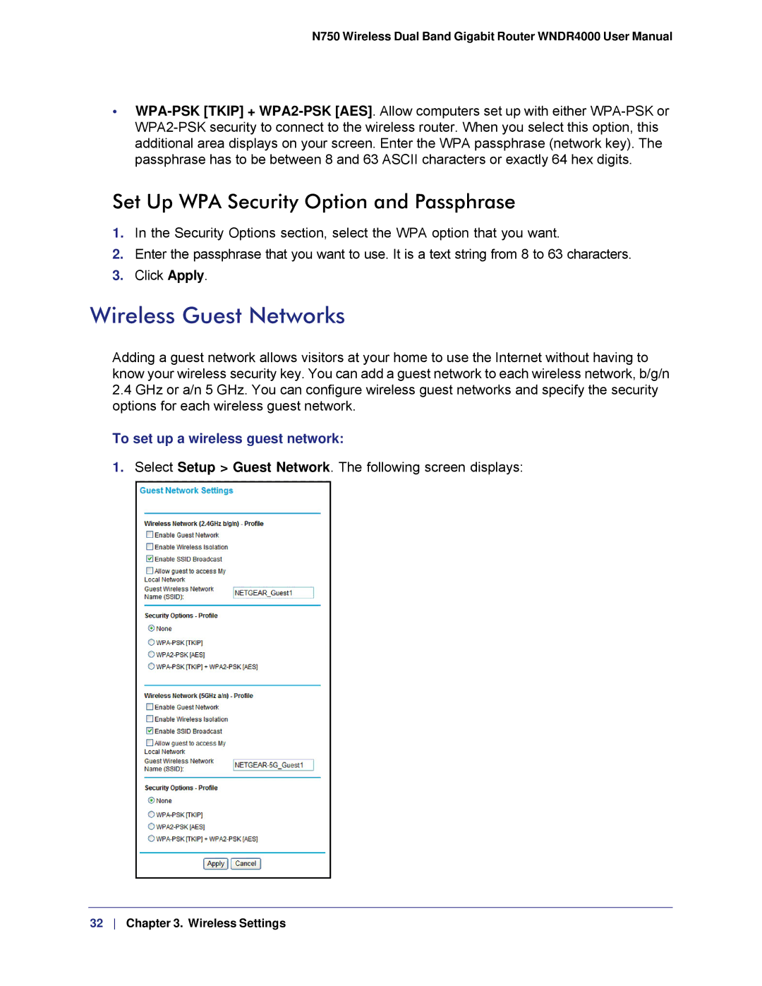 NETGEAR WNDR4000 Wireless Guest Networks, Set Up WPA Security Option and Passphrase, To set up a wireless guest network 