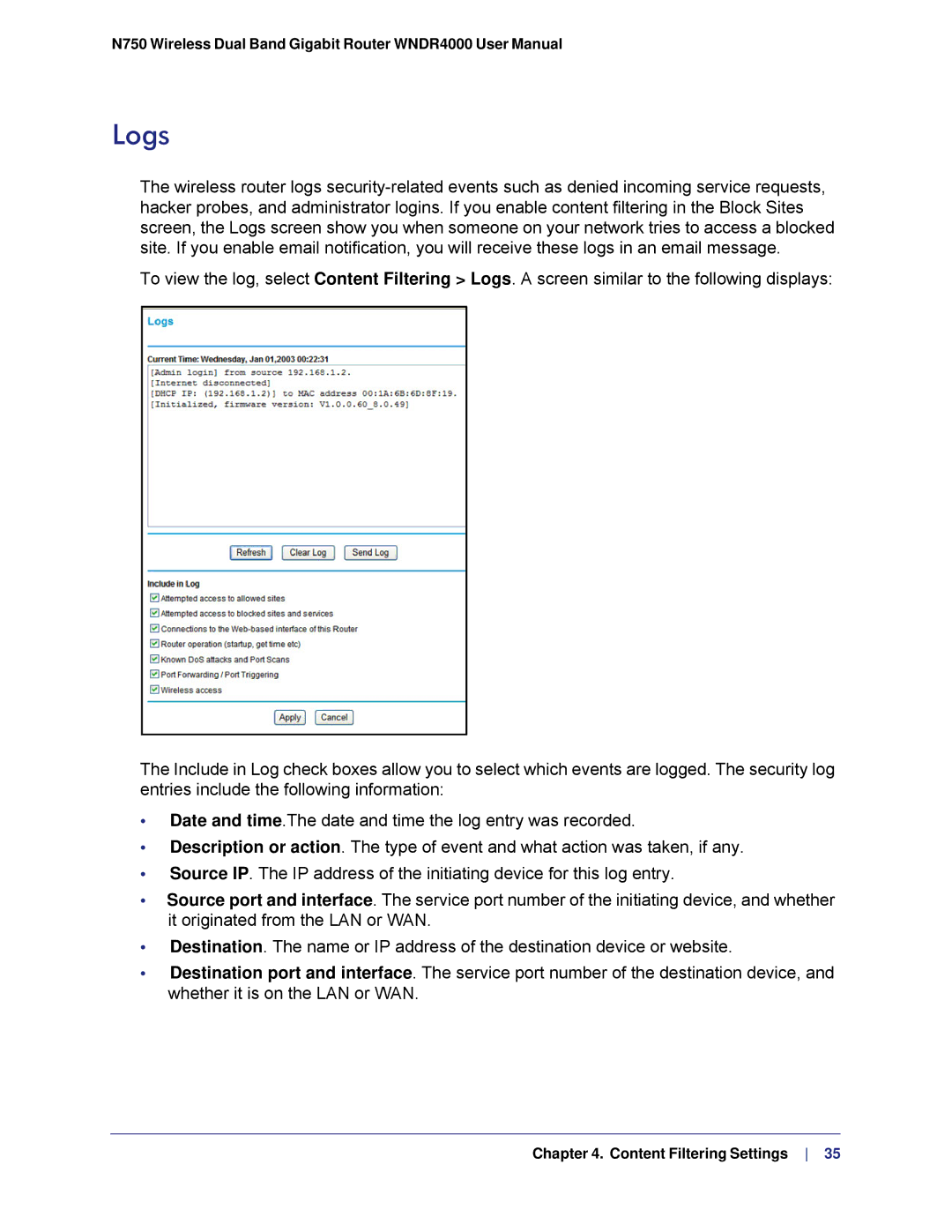 NETGEAR N750, WNDR4000 user manual Logs 