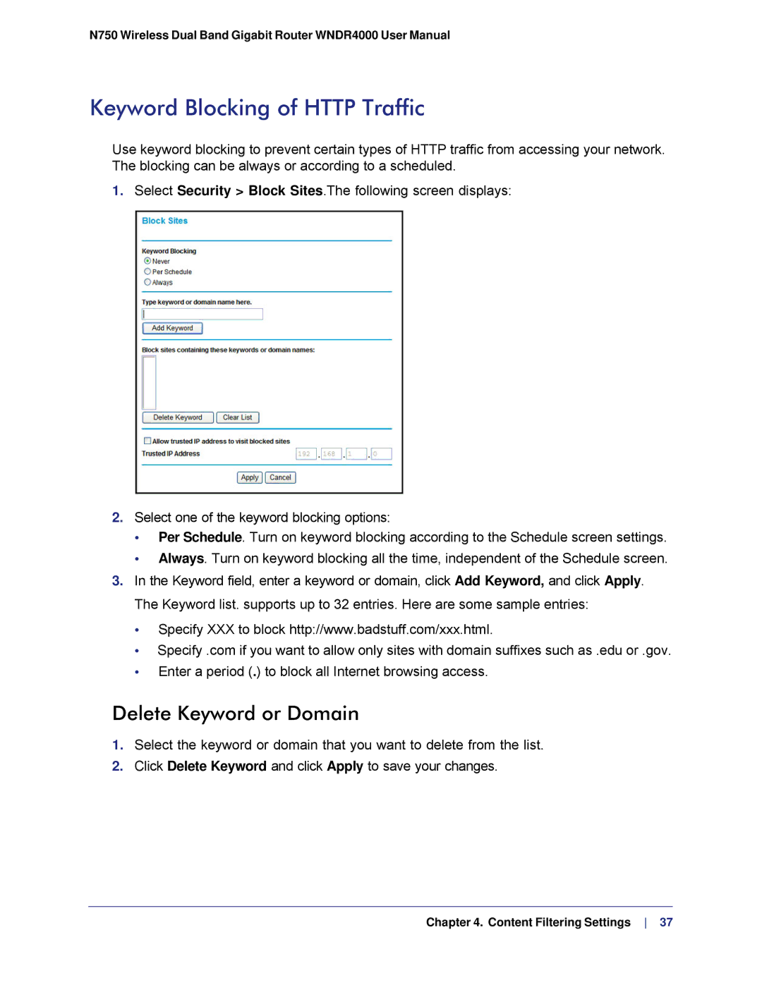 NETGEAR N750, WNDR4000 user manual Keyword Blocking of Http Traffic, Delete Keyword or Domain 