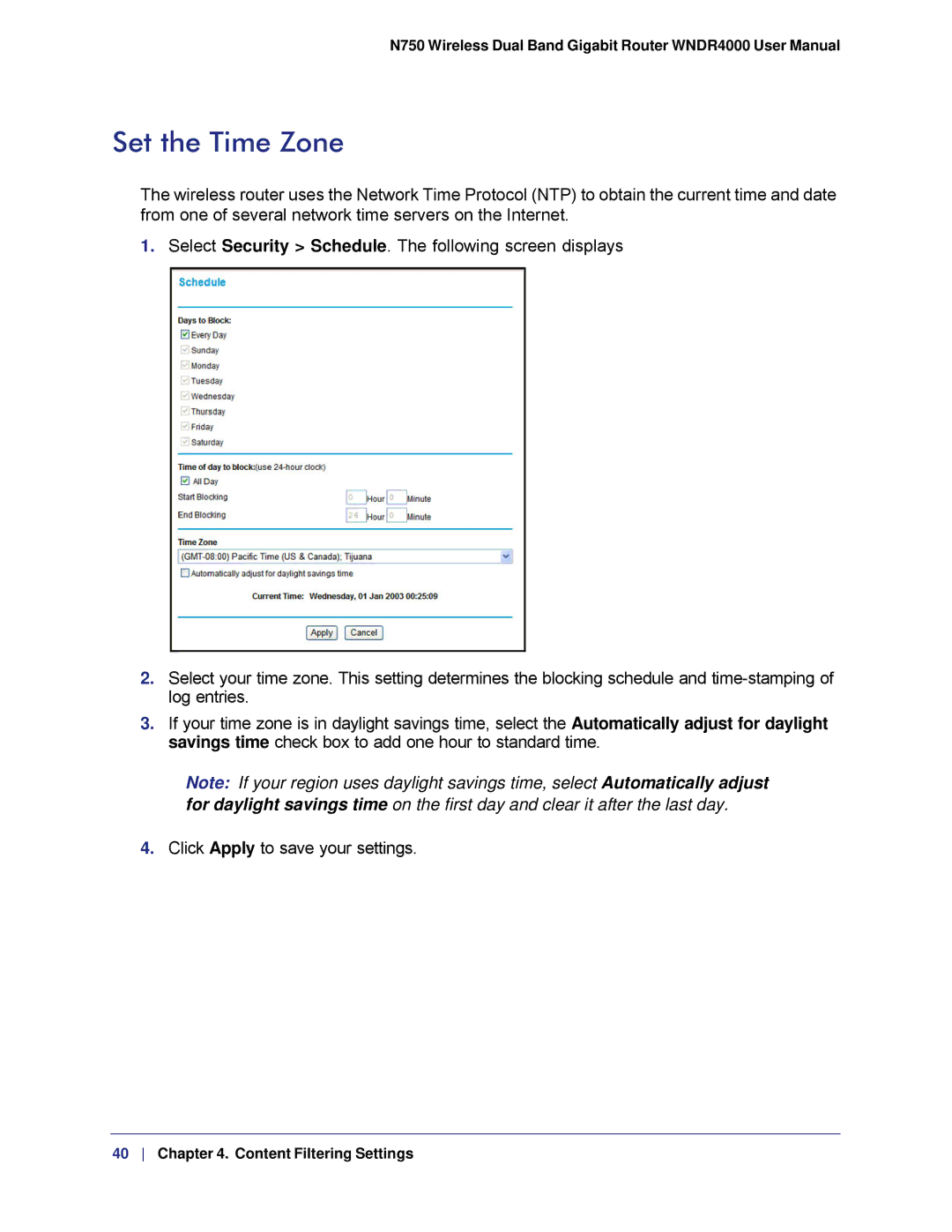 NETGEAR WNDR4000, N750 user manual Set the Time Zone 