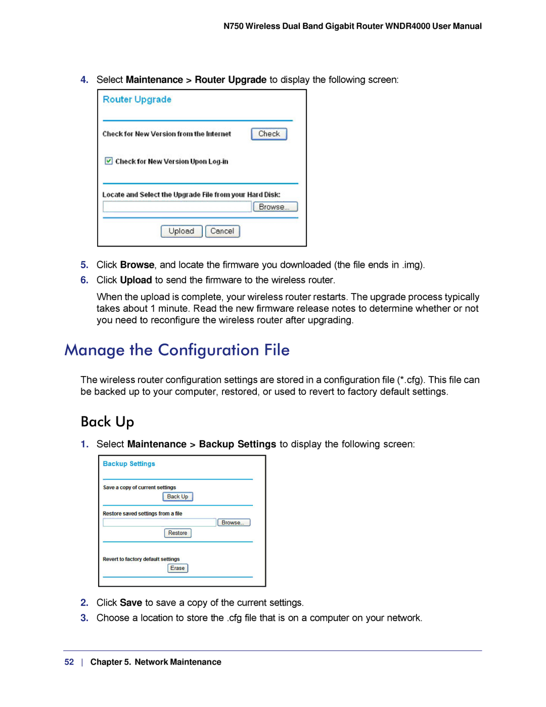 NETGEAR WNDR4000, N750 user manual Manage the Configuration File, Back Up 