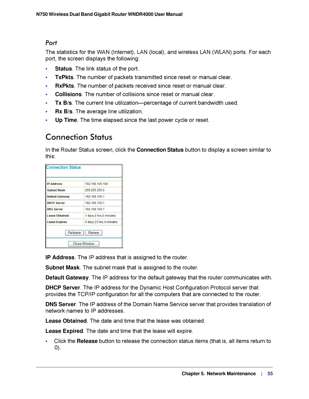 NETGEAR N750, WNDR4000 user manual Connection Status, Port 