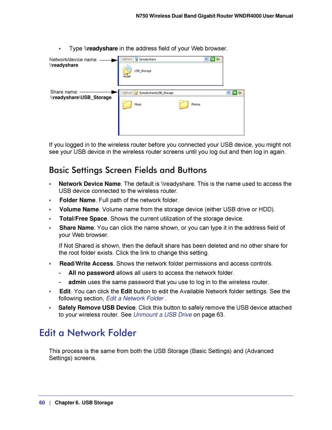 NETGEAR WNDR4000, N750 user manual Edit a Network Folder, Basic Settings Screen Fields and Buttons 