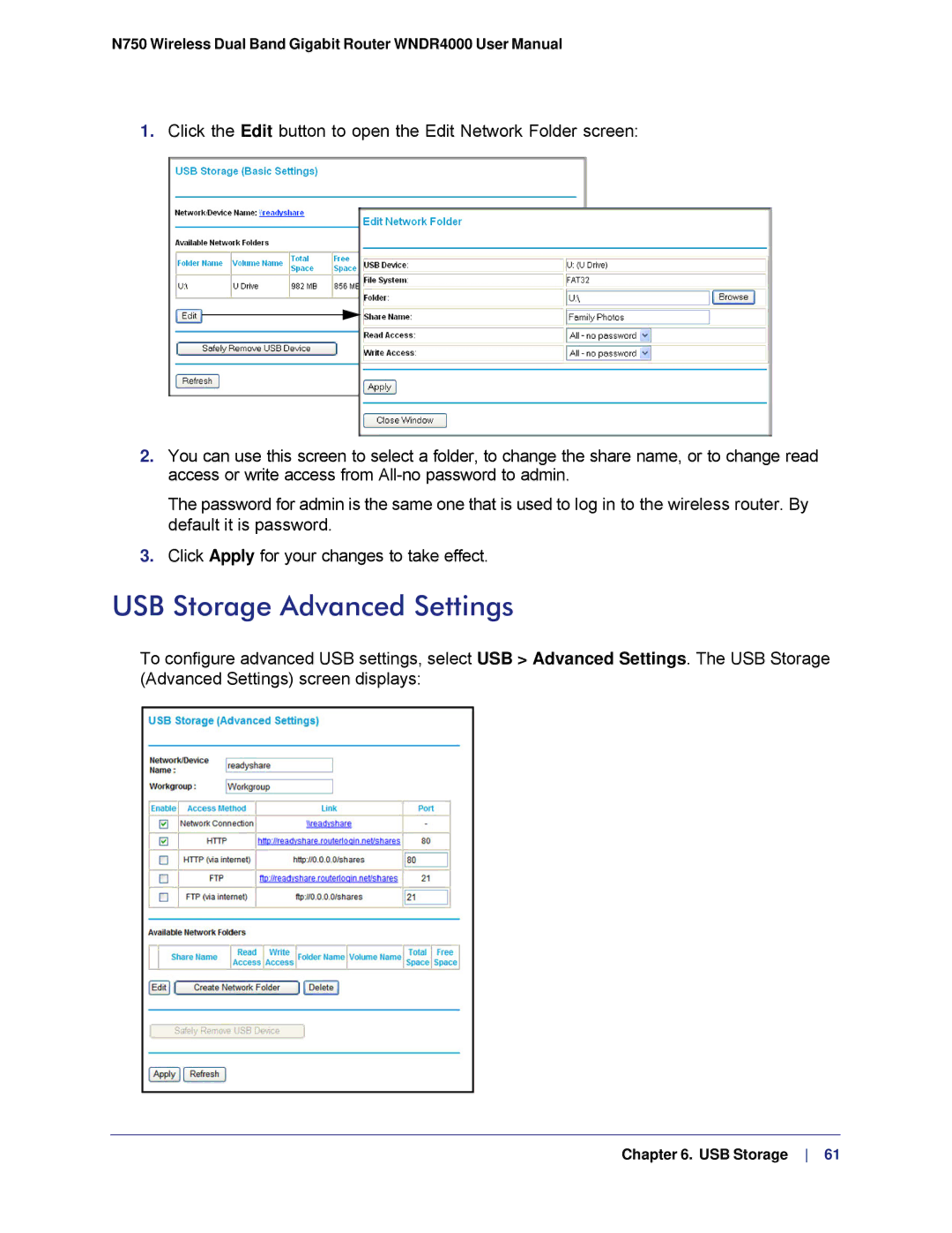 NETGEAR N750, WNDR4000 user manual USB Storage Advanced Settings 