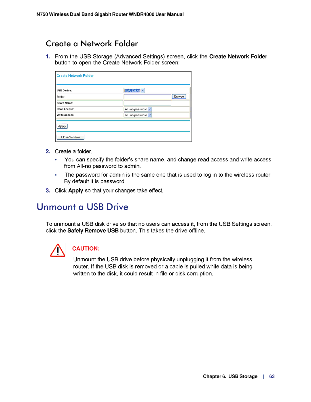 NETGEAR N750, WNDR4000 user manual Unmount a USB Drive, Create a Network Folder 