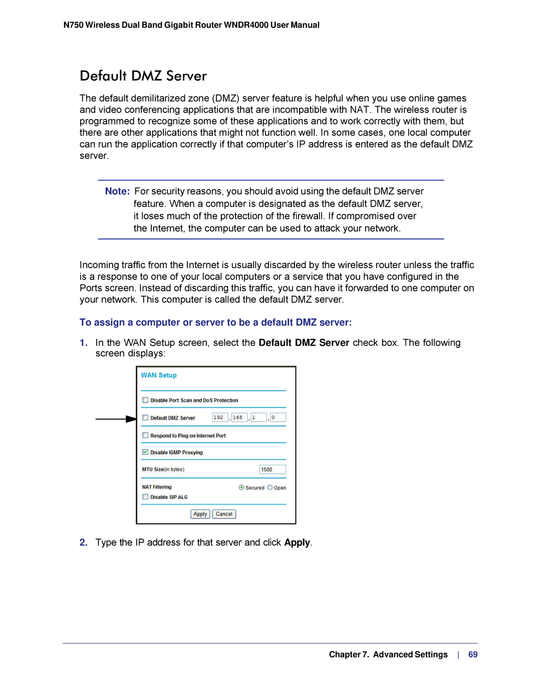 NETGEAR N750, WNDR4000 user manual Default DMZ Server, To assign a computer or server to be a default DMZ server 