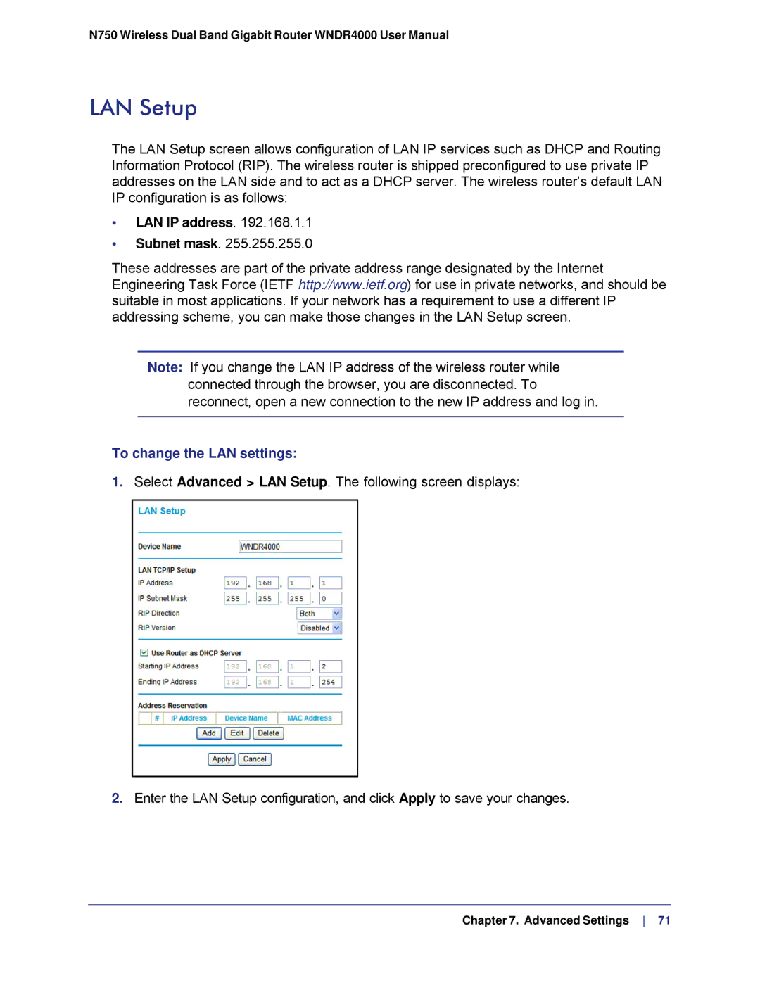 NETGEAR N750, WNDR4000 user manual LAN Setup, LAN IP address, To change the LAN settings 