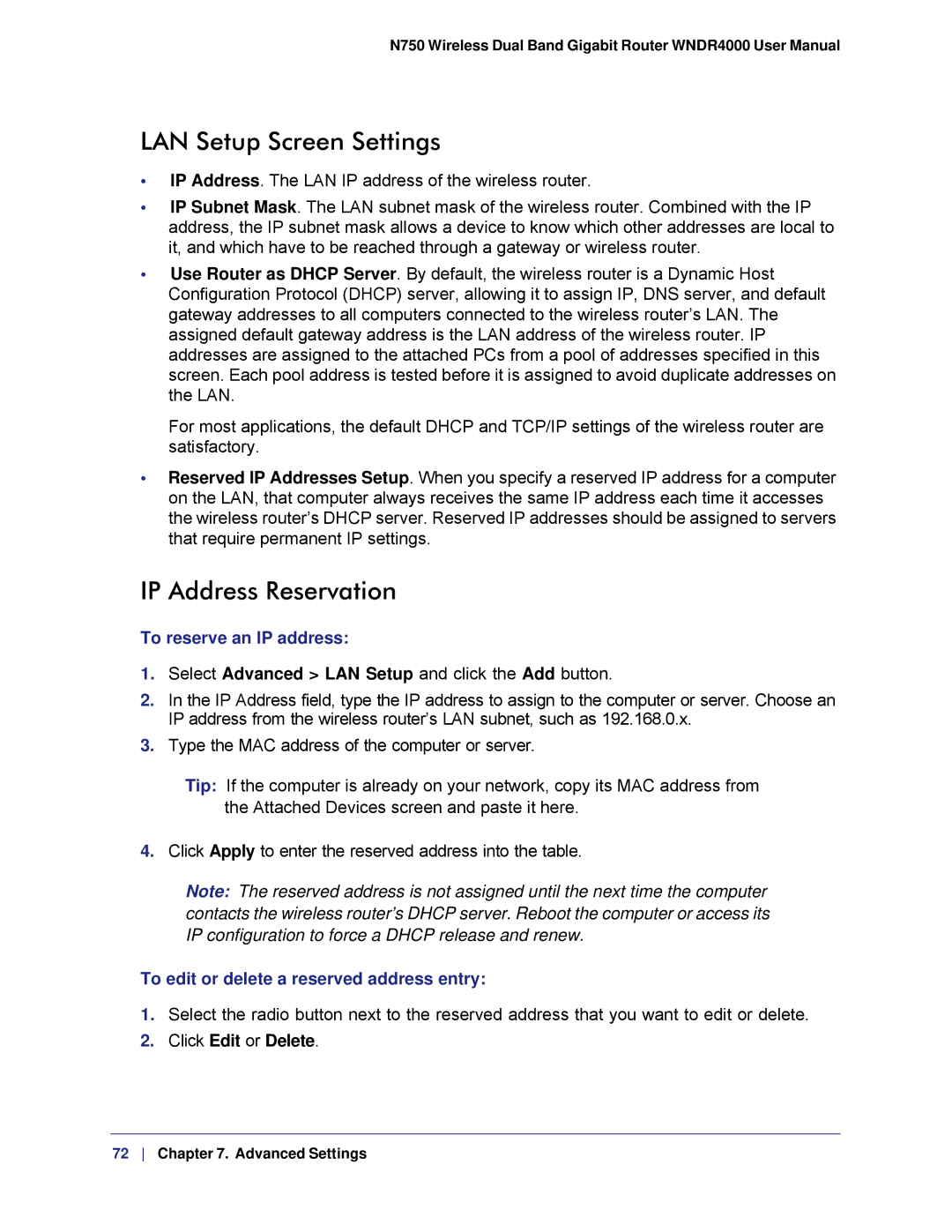 NETGEAR WNDR4000, N750 LAN Setup Screen Settings, IP Address Reservation, To reserve an IP address, Click Edit or Delete 