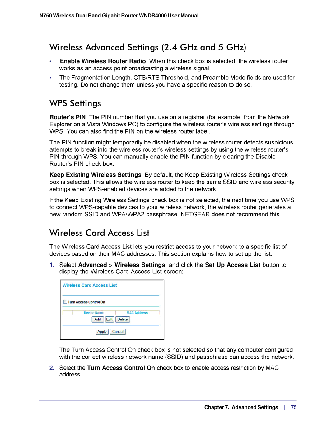 NETGEAR N750, WNDR4000 user manual Wireless Advanced Settings 2.4 GHz and 5 GHz, WPS Settings, Wireless Card Access List 