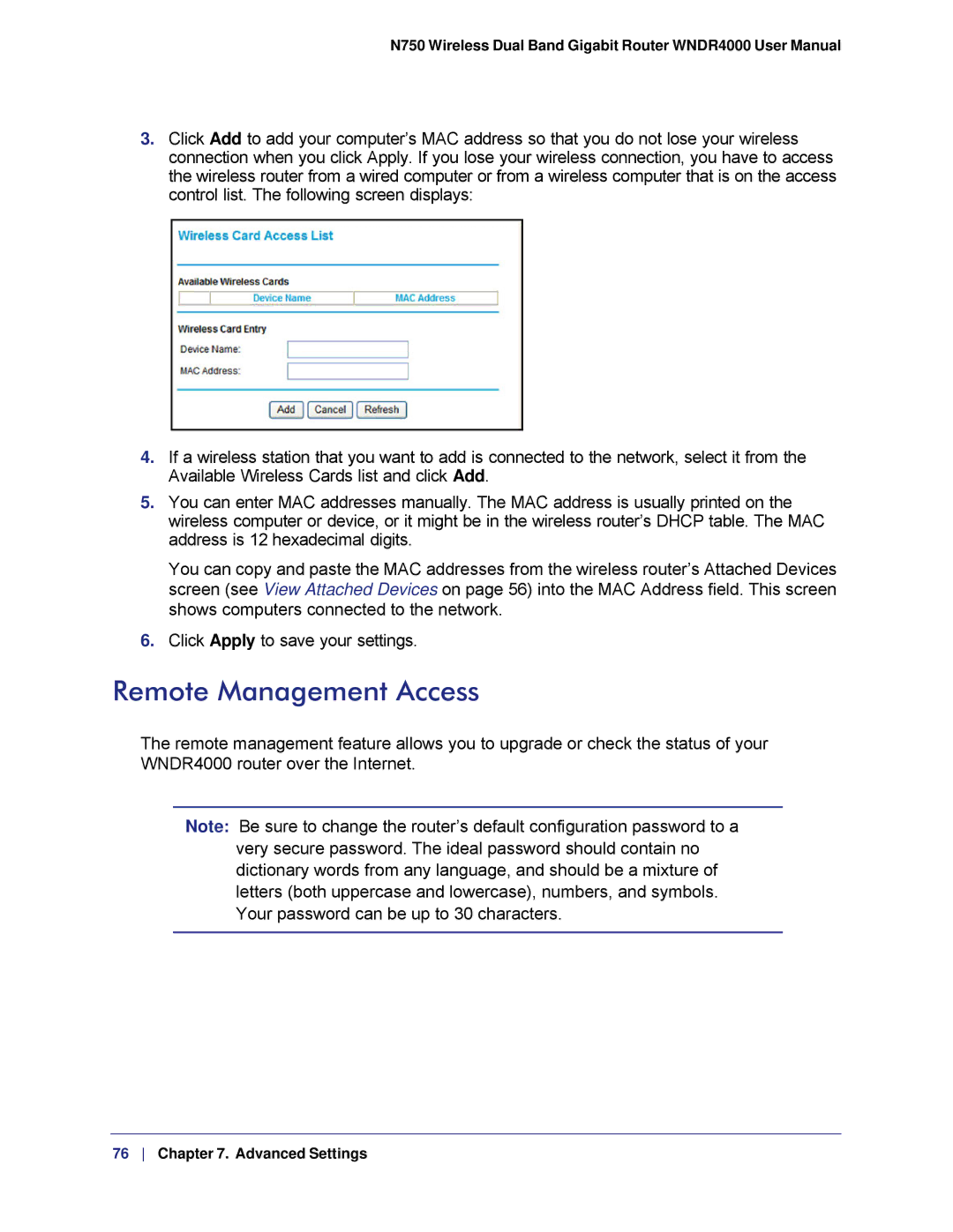 NETGEAR WNDR4000, N750 user manual Remote Management Access 