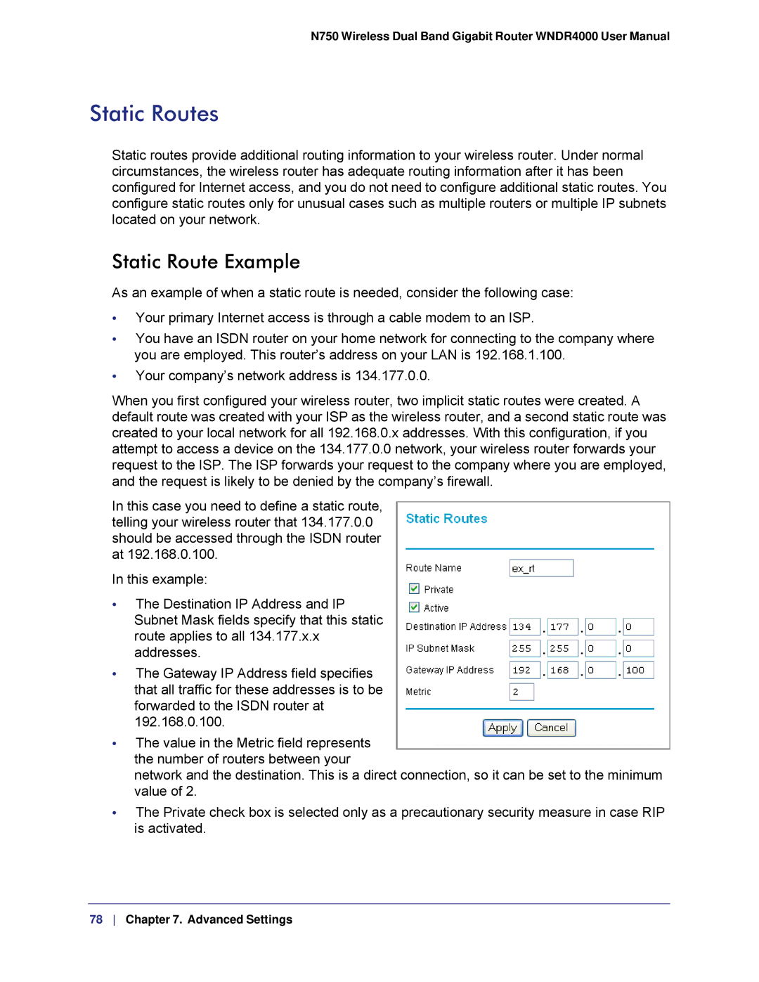 NETGEAR WNDR4000, N750 user manual Static Routes, Static Route Example 