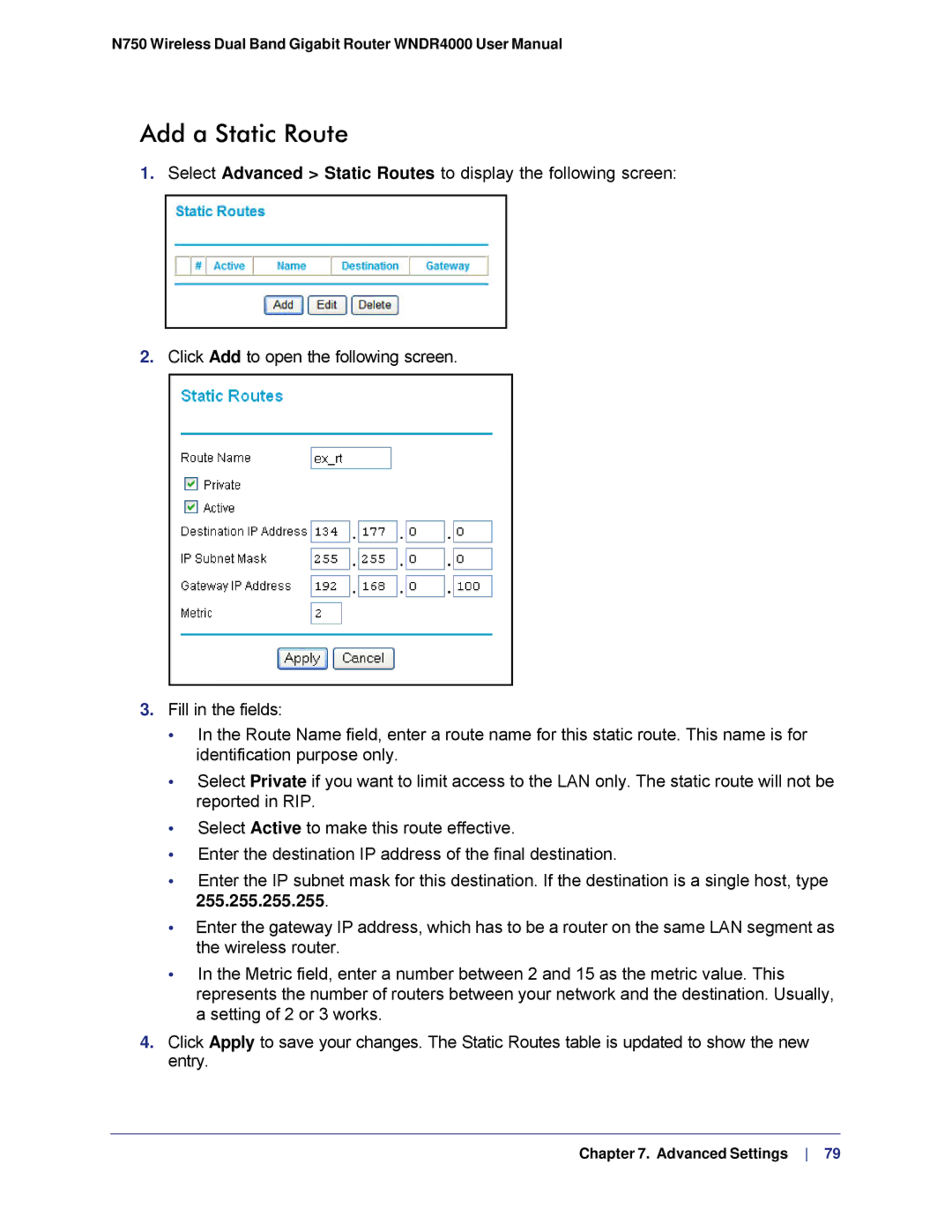 NETGEAR N750, WNDR4000 user manual Add a Static Route 