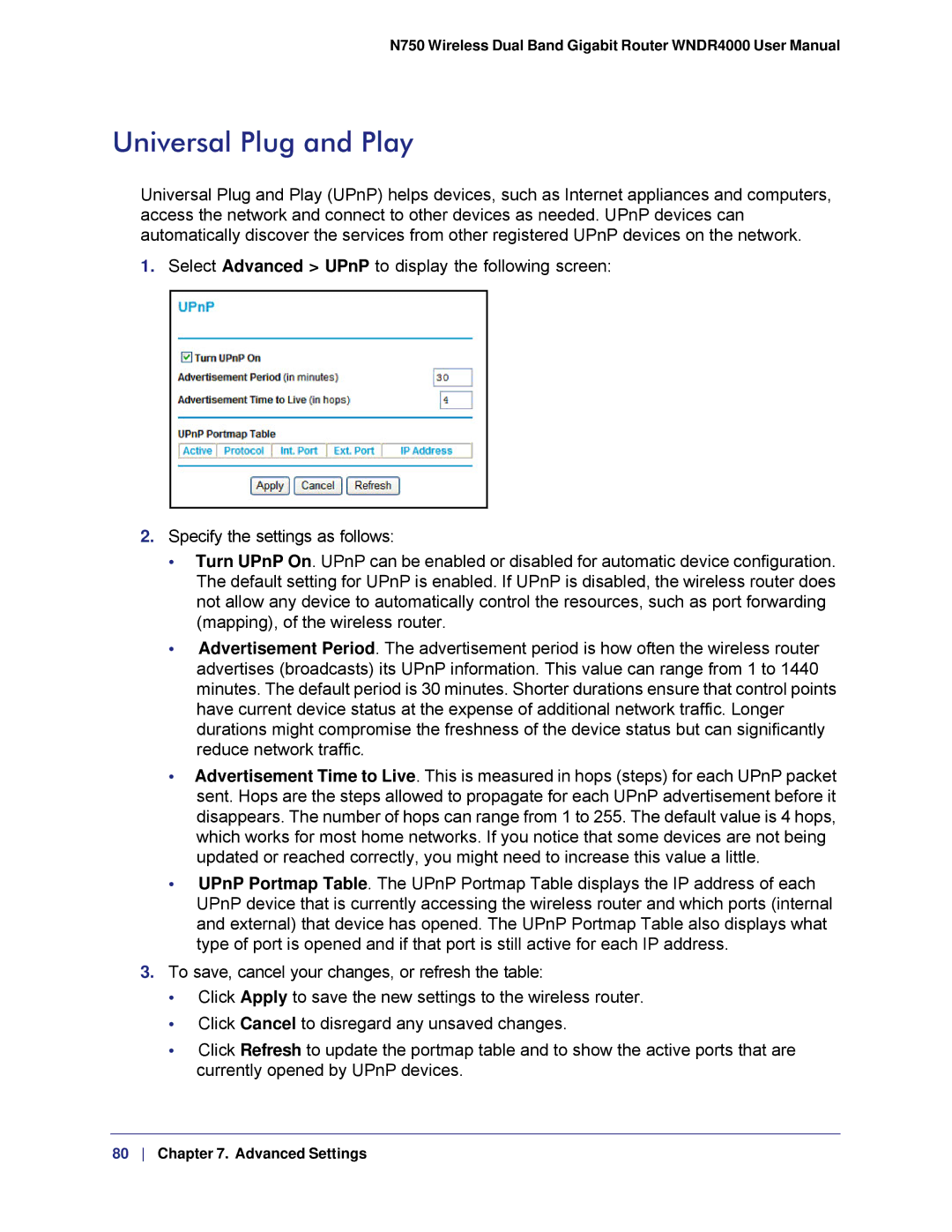 NETGEAR WNDR4000, N750 user manual Universal Plug and Play 