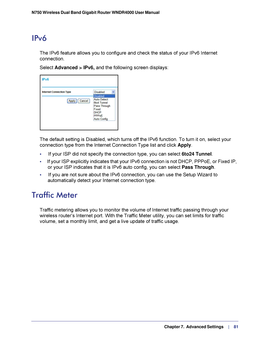 NETGEAR N750, WNDR4000 user manual IPv6, Traffic Meter 