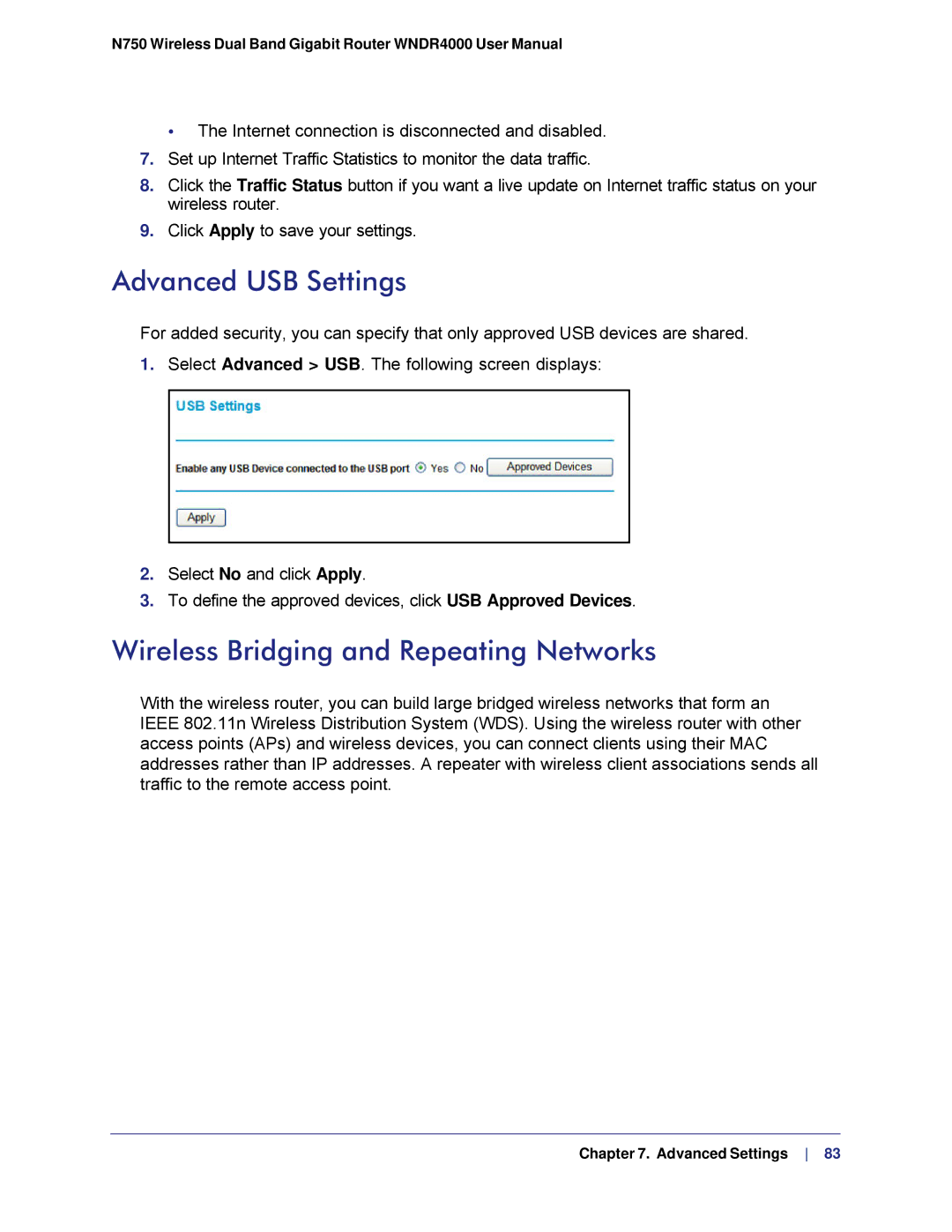 NETGEAR N750, WNDR4000 user manual Advanced USB Settings, Wireless Bridging and Repeating Networks 