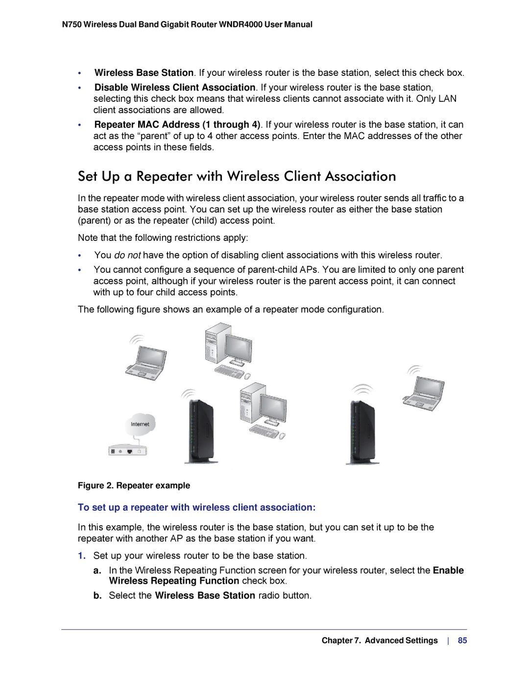 NETGEAR N750 Set Up a Repeater with Wireless Client Association, To set up a repeater with wireless client association 