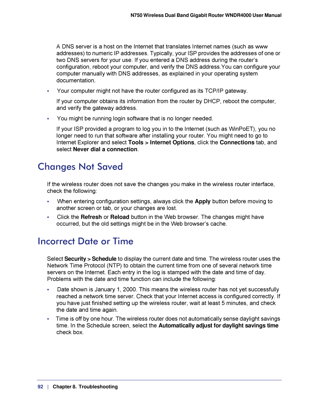 NETGEAR WNDR4000, N750 user manual Changes Not Saved, Incorrect Date or Time 