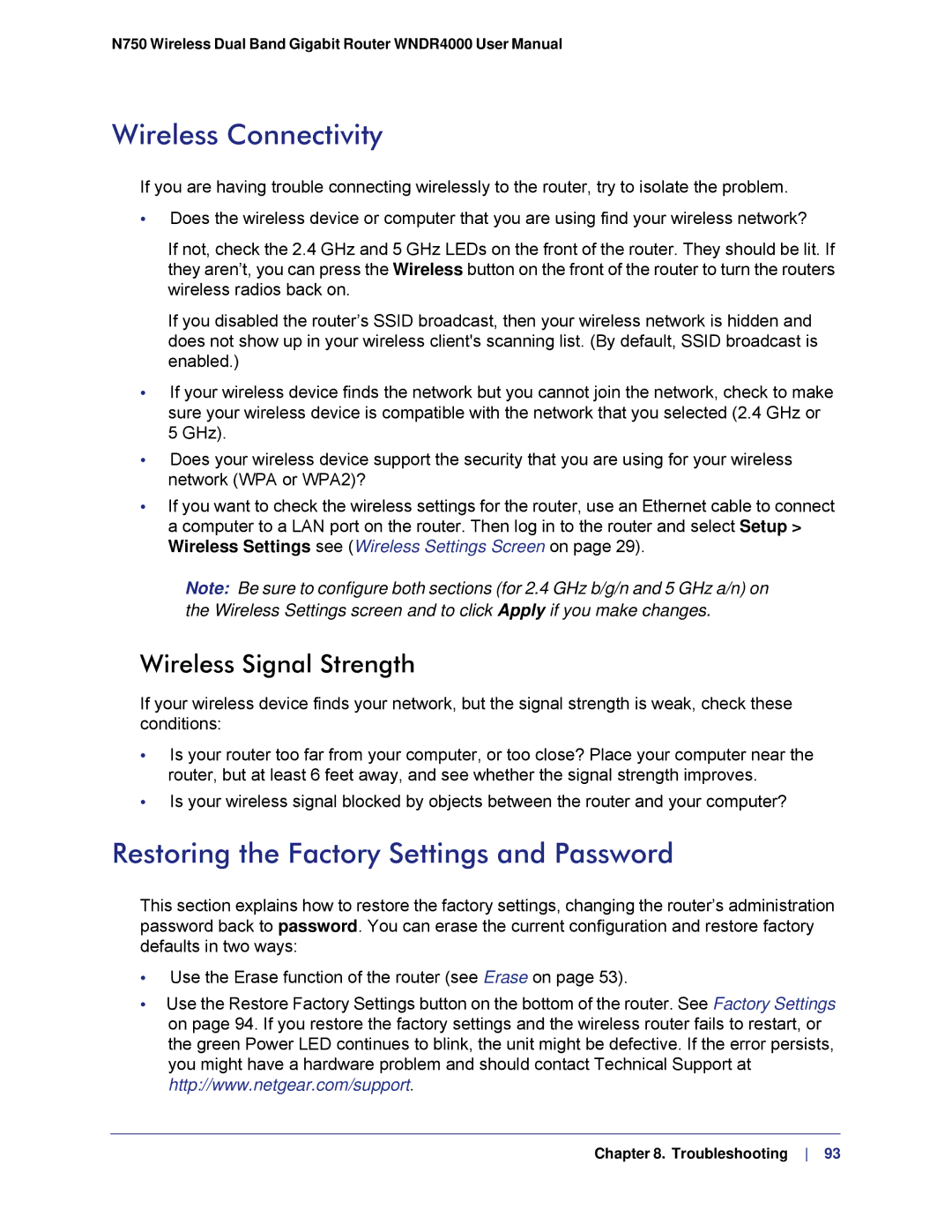 NETGEAR N750, WNDR4000 Wireless Connectivity, Restoring the Factory Settings and Password, Wireless Signal Strength 