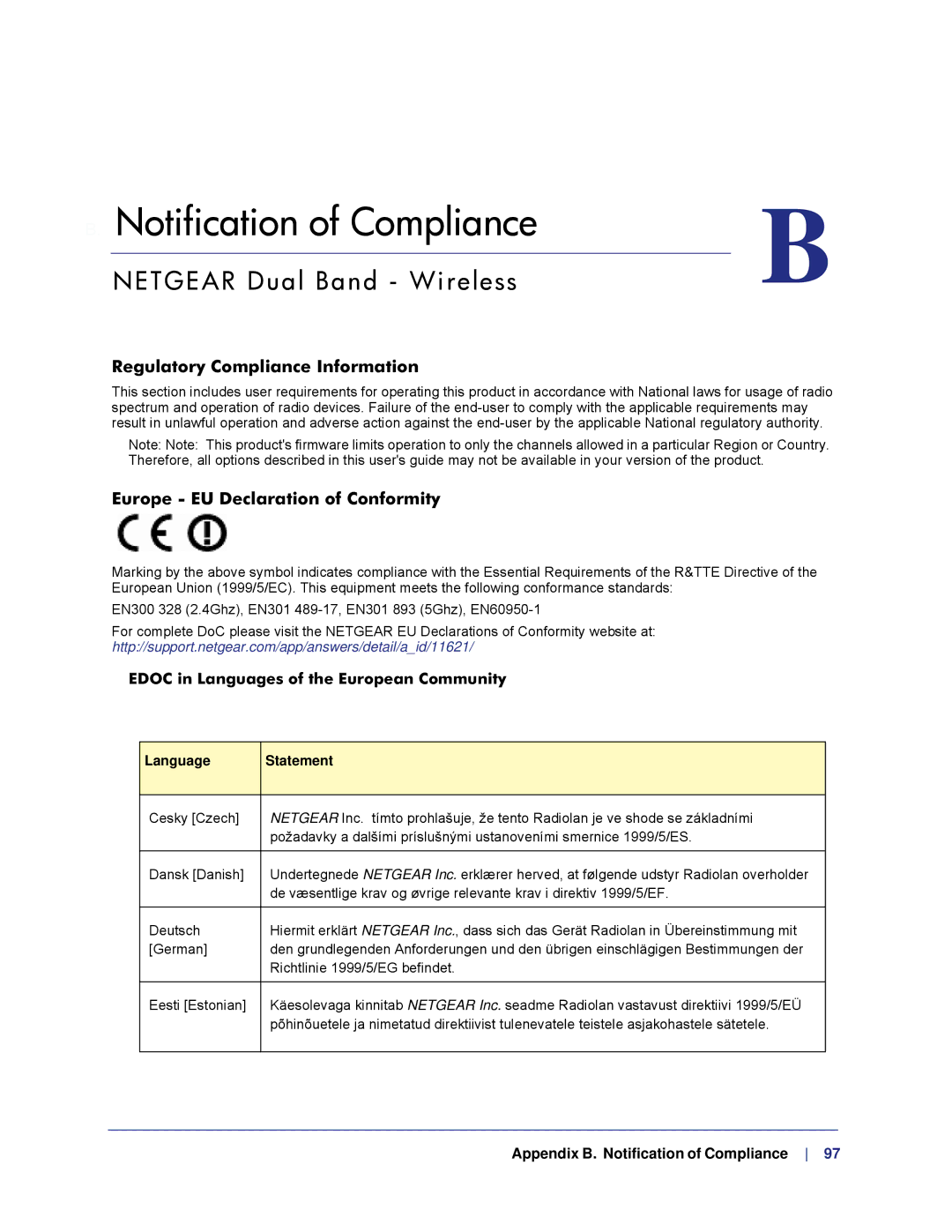 NETGEAR N750, WNDR4000 Netgear Dual Band Wireless, Regulatory Compliance Information, Europe EU Declaration of Conformity 