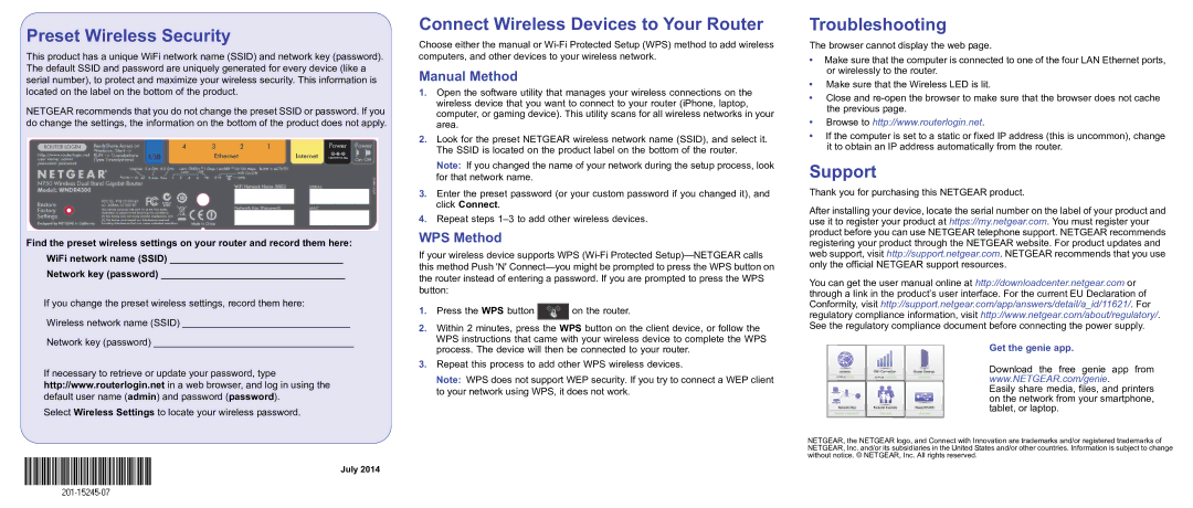 NETGEAR WNDR4300 manual Preset Wireless Security, Connect Wireless Devices to Your Router, Troubleshooting, Support 