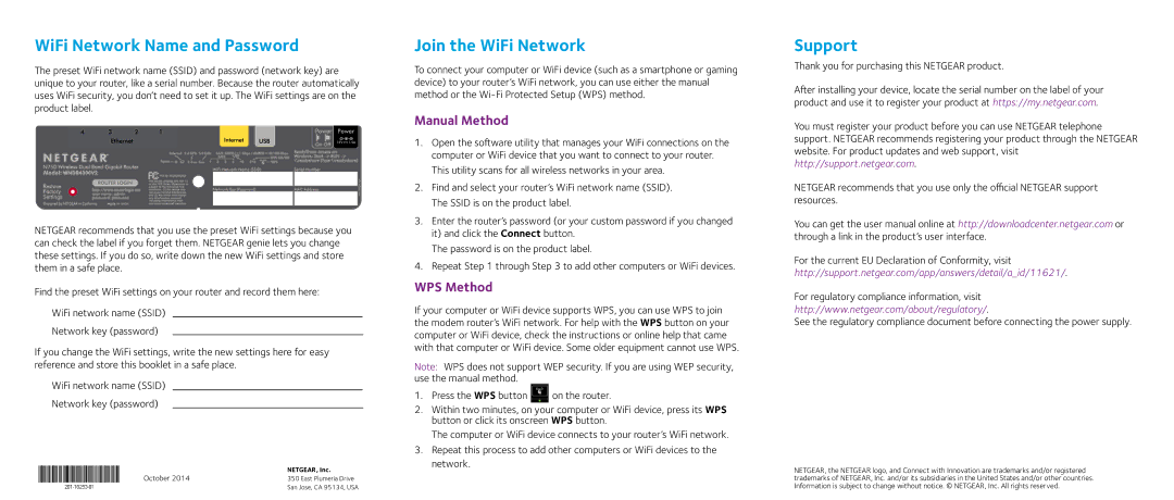 NETGEAR WNDR4300v2 quick start WiFi Network Name and Password, Join the WiFi Network, Support, Manual Method, WPS Method 