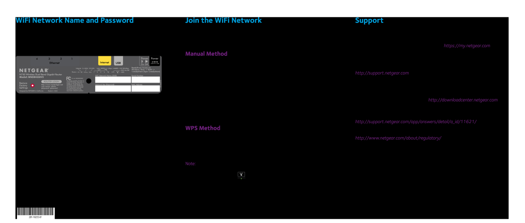 NETGEAR WNDR4300v2 quick start WiFi Network Name and Password, Join the WiFi Network, Support, Manual Method, WPS Method 