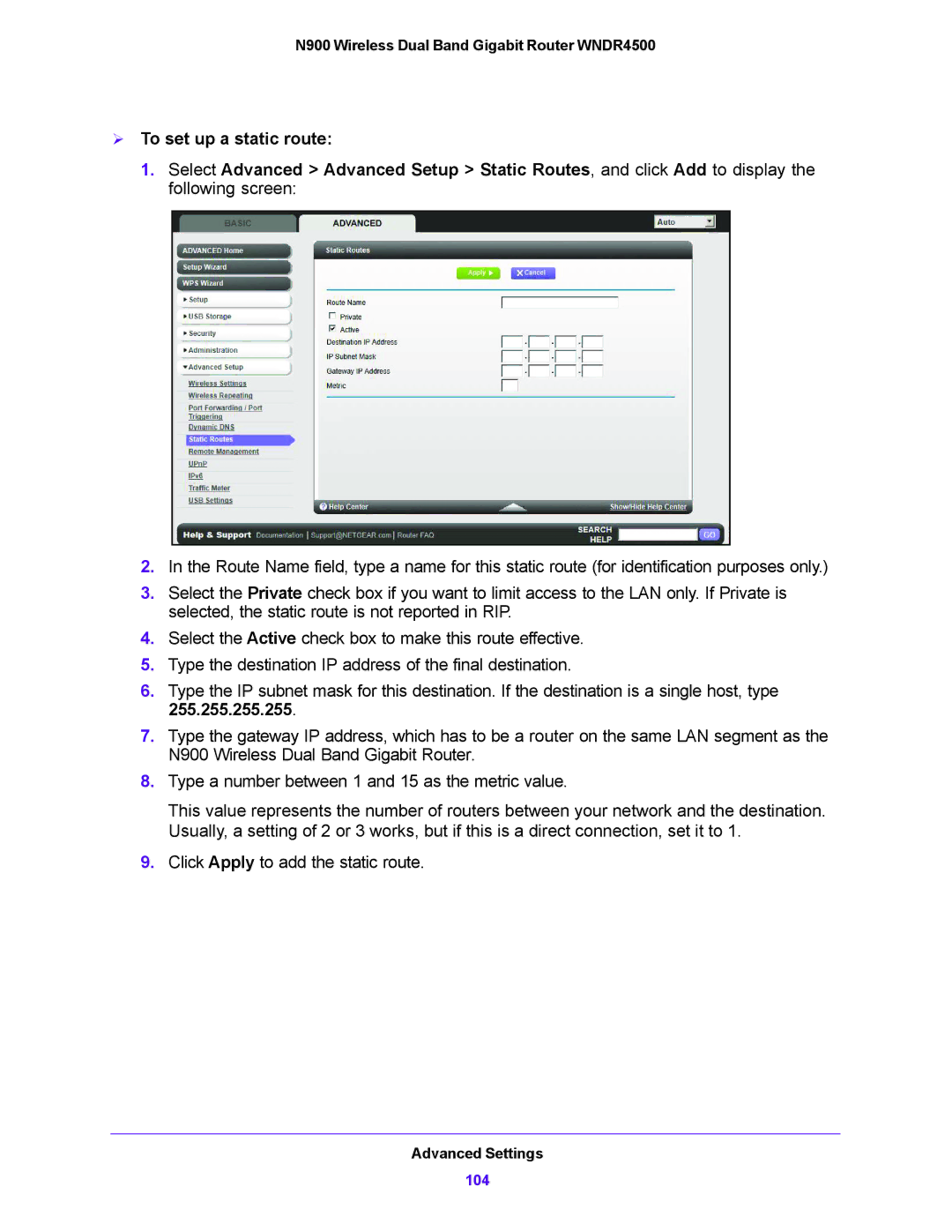 NETGEAR WNDR4500 user manual  To set up a static route 