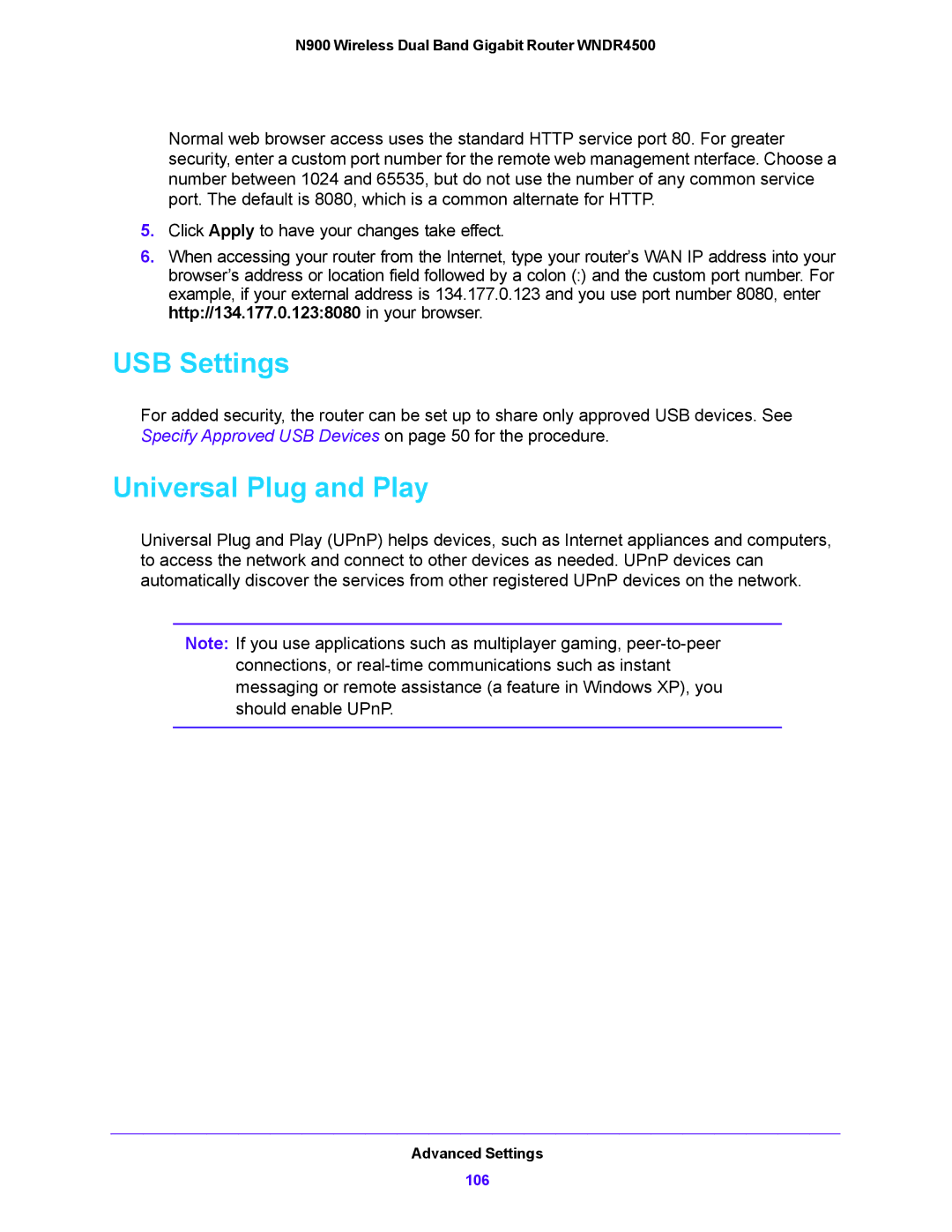 NETGEAR WNDR4500 user manual USB Settings, Universal Plug and Play 