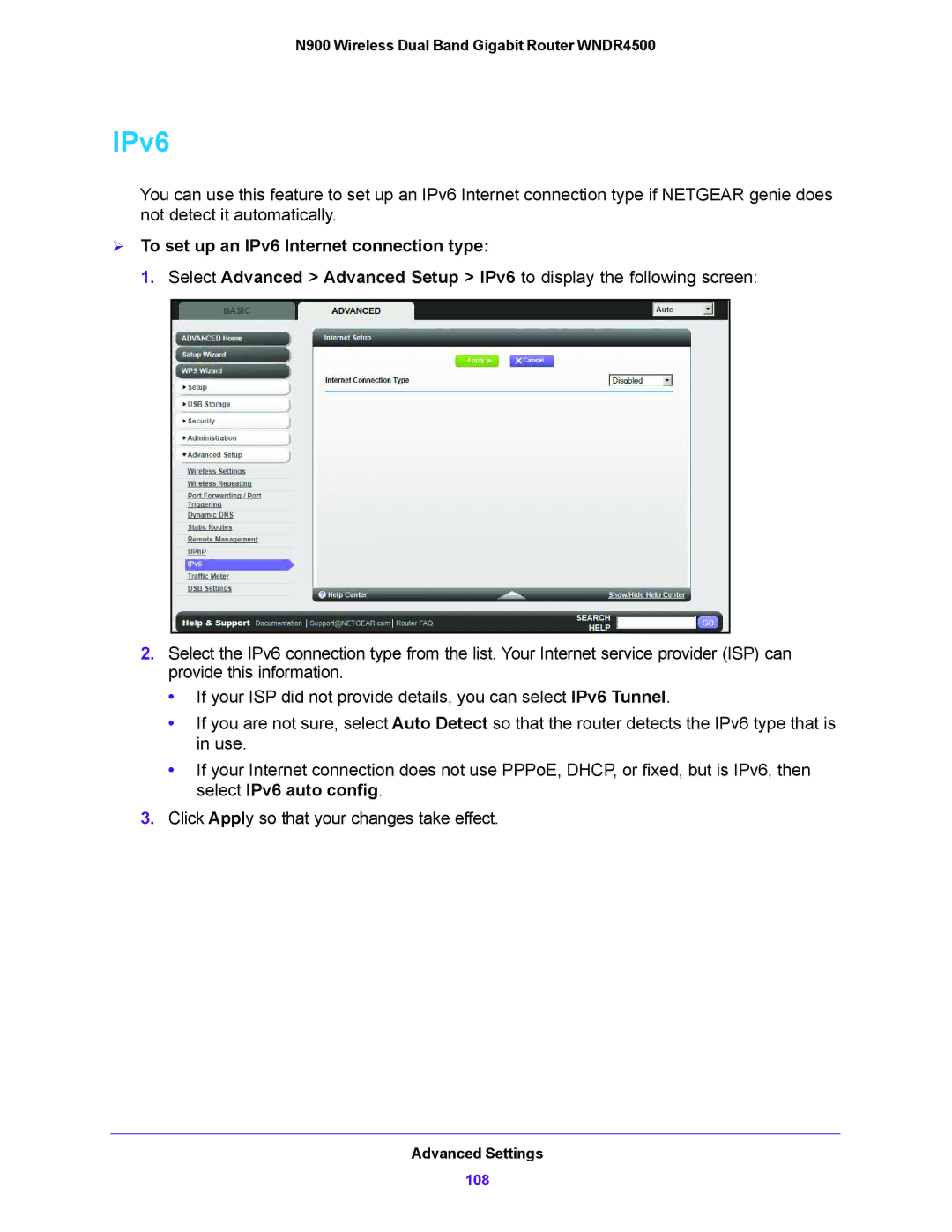 NETGEAR WNDR4500 user manual  To set up an IPv6 Internet connection type 