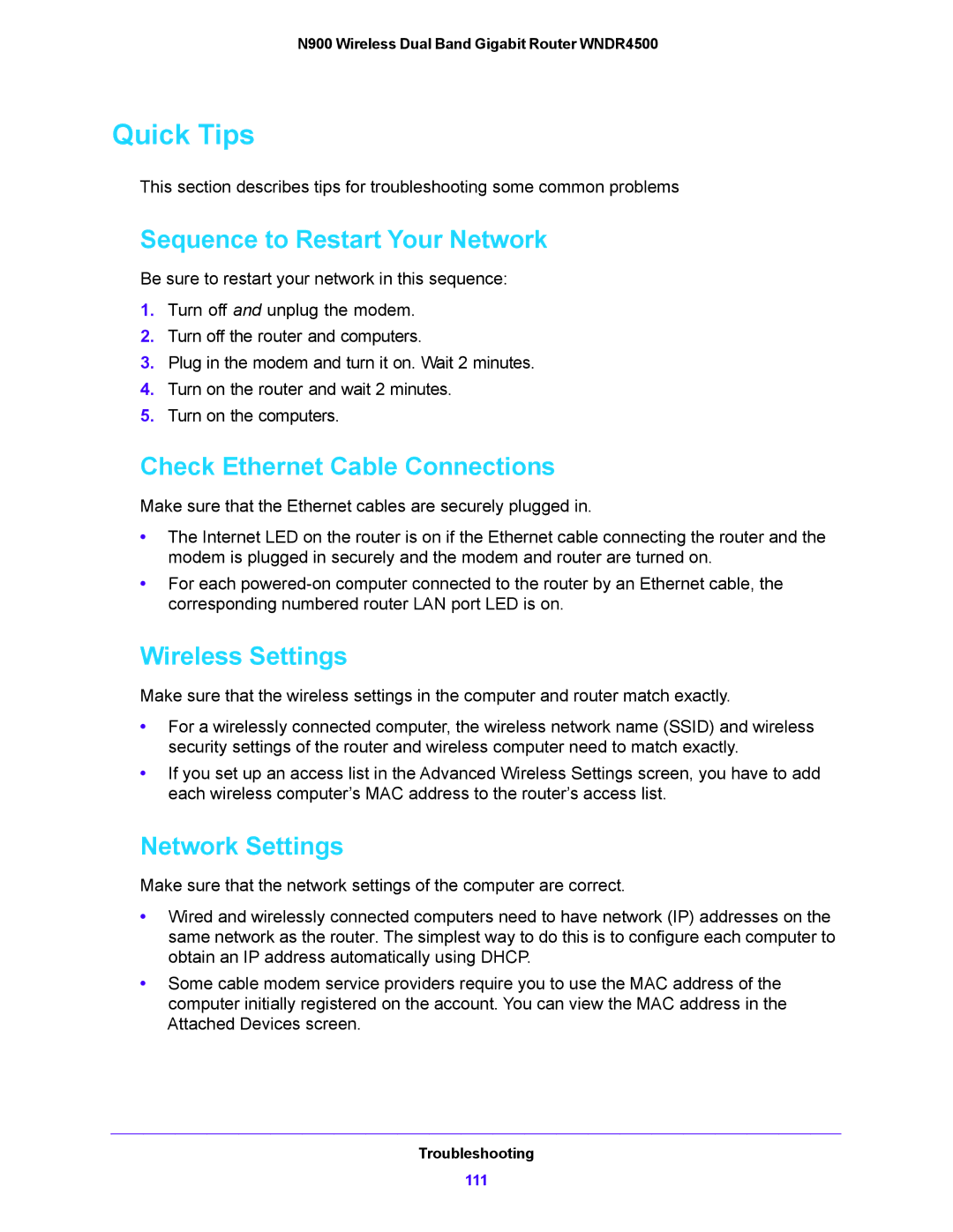 NETGEAR WNDR4500 Quick Tips, Sequence to Restart Your Network, Check Ethernet Cable Connections, Wireless Settings 