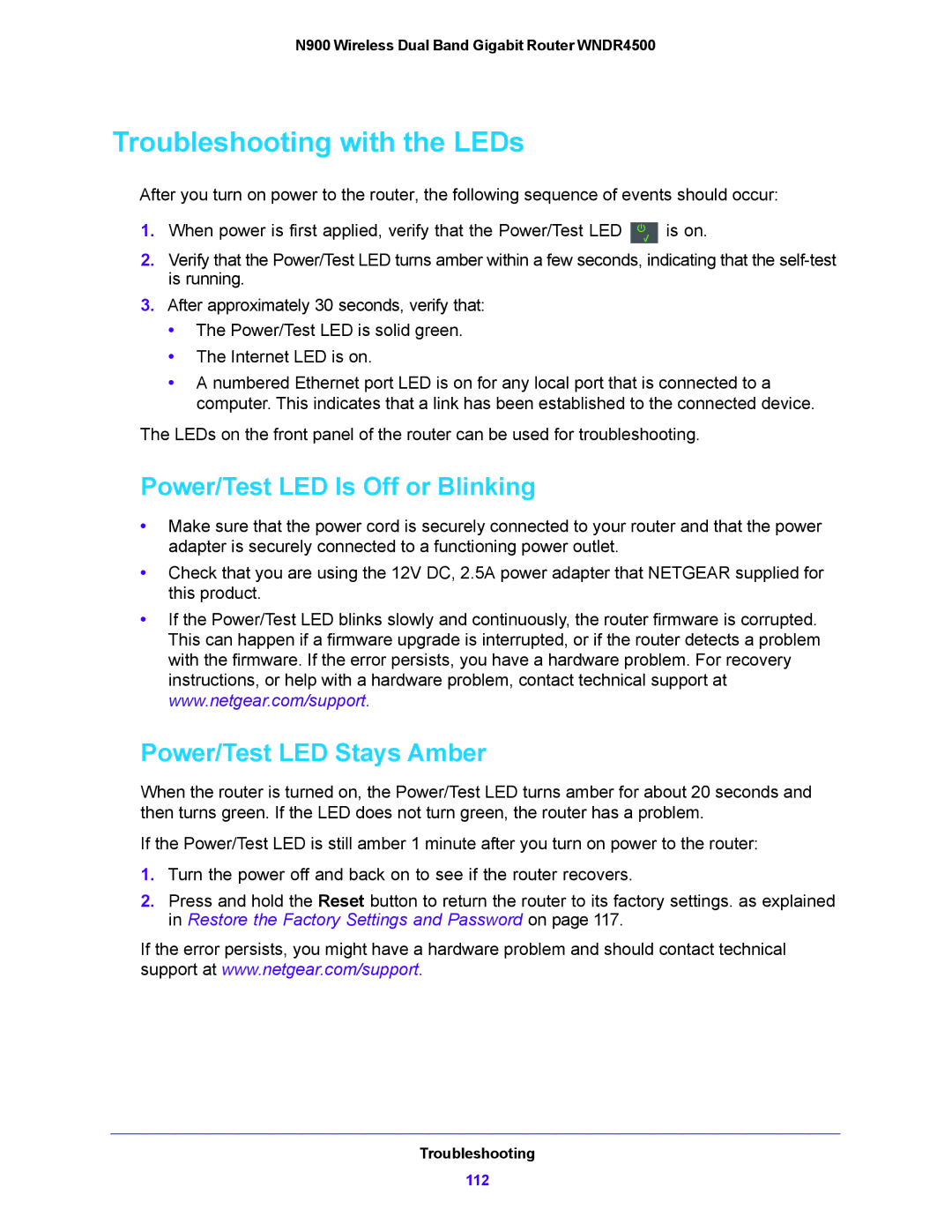 NETGEAR WNDR4500 user manual Troubleshooting with the LEDs, Power/Test LED Is Off or Blinking, Power/Test LED Stays Amber 