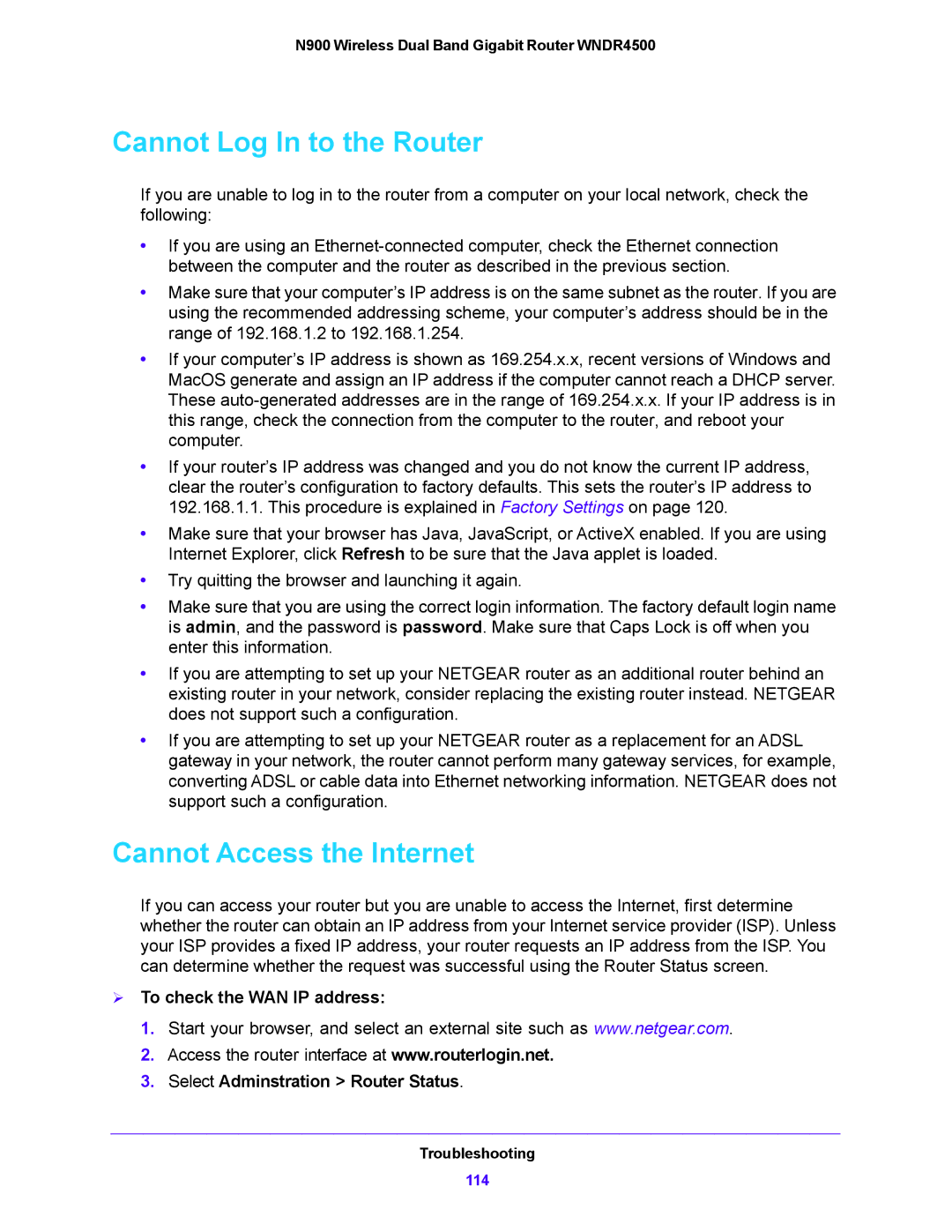 NETGEAR WNDR4500 user manual Cannot Log In to the Router, Cannot Access the Internet 