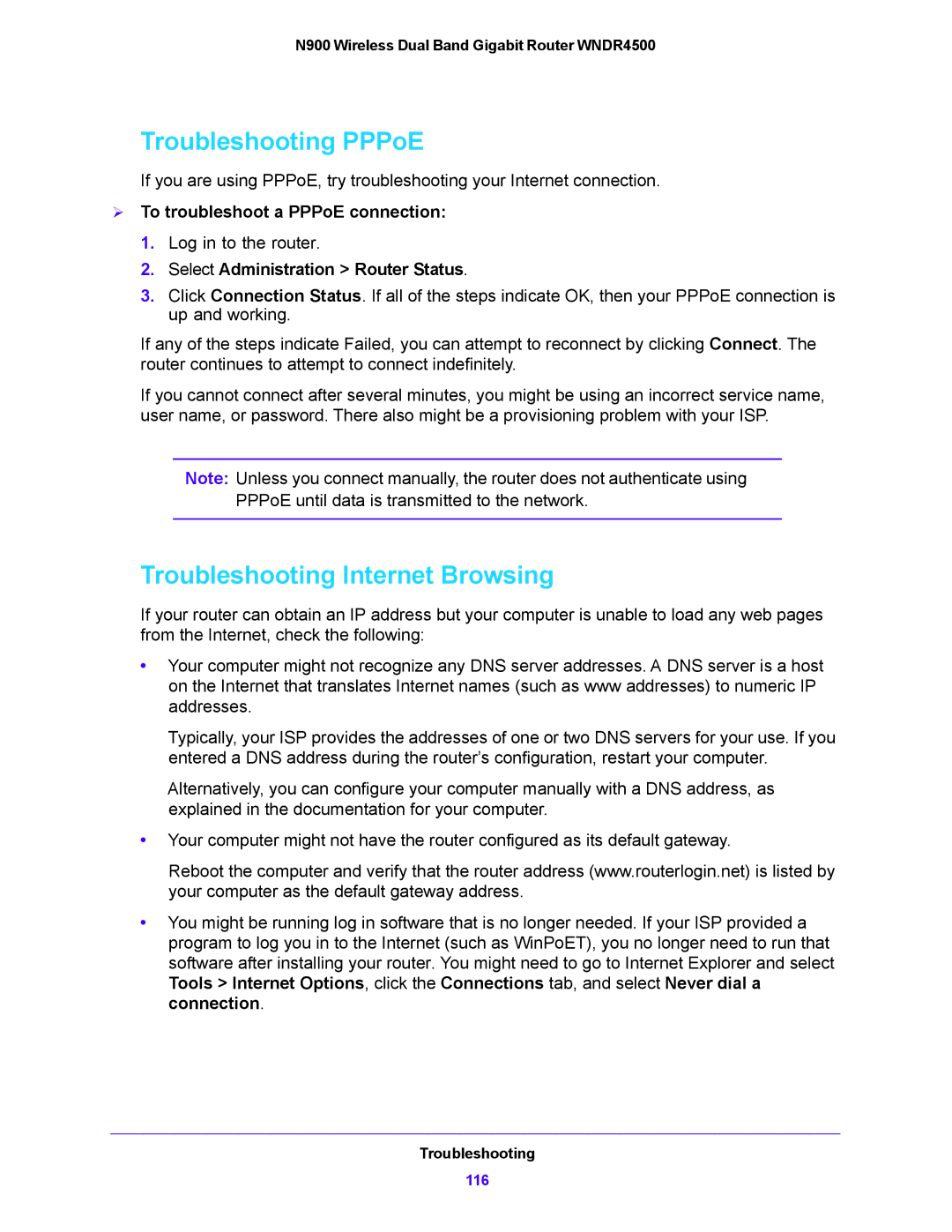 NETGEAR WNDR4500 user manual Troubleshooting PPPoE, Troubleshooting Internet Browsing,  To troubleshoot a PPPoE connection 