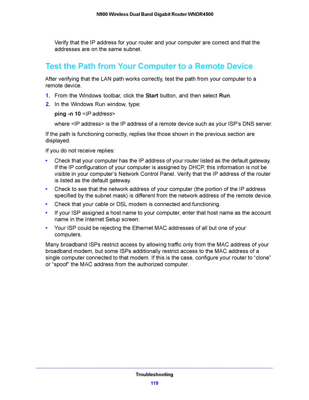 NETGEAR WNDR4500 user manual Test the Path from Your Computer to a Remote Device 