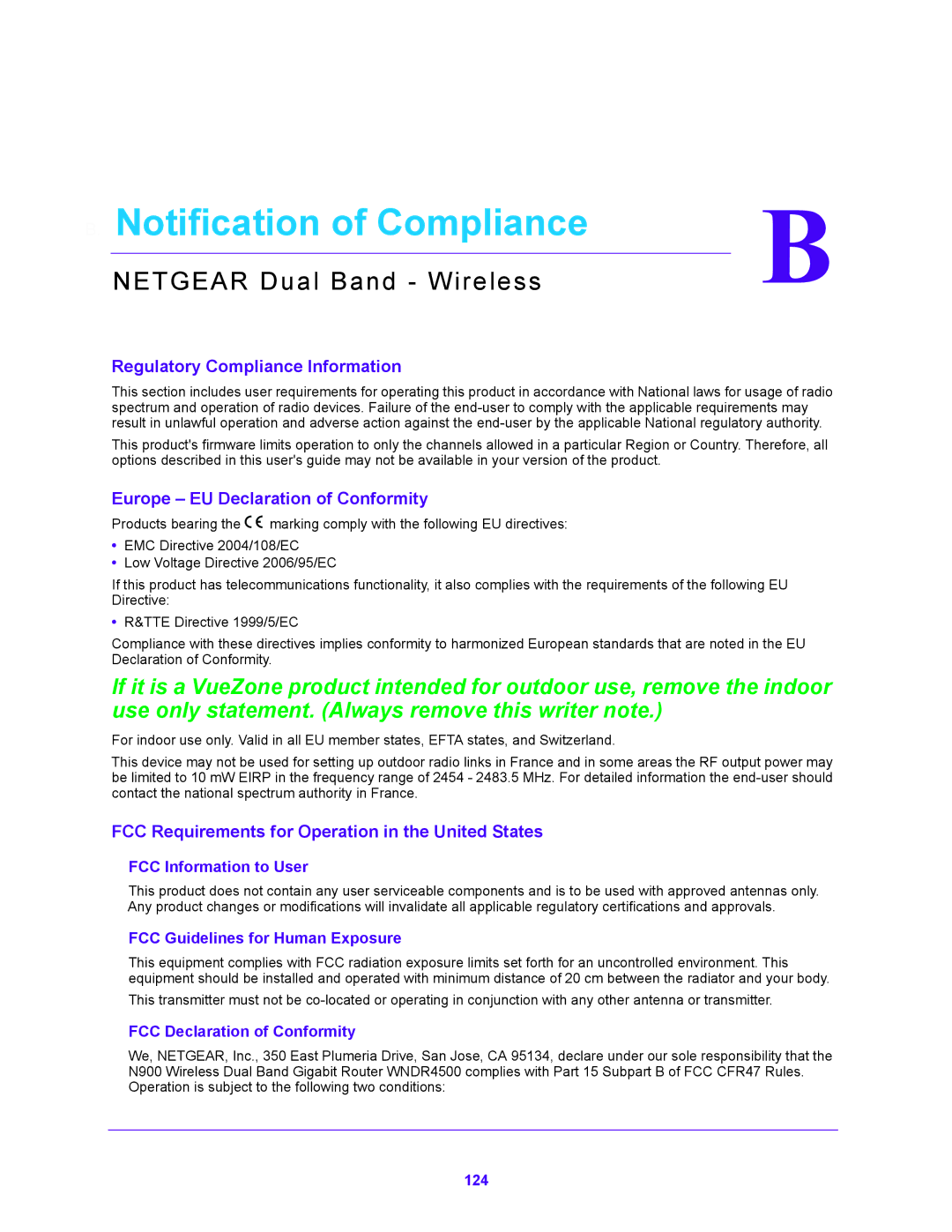 NETGEAR WNDR4500 user manual Notification of Compliance, Netgear Dual Band Wireless 