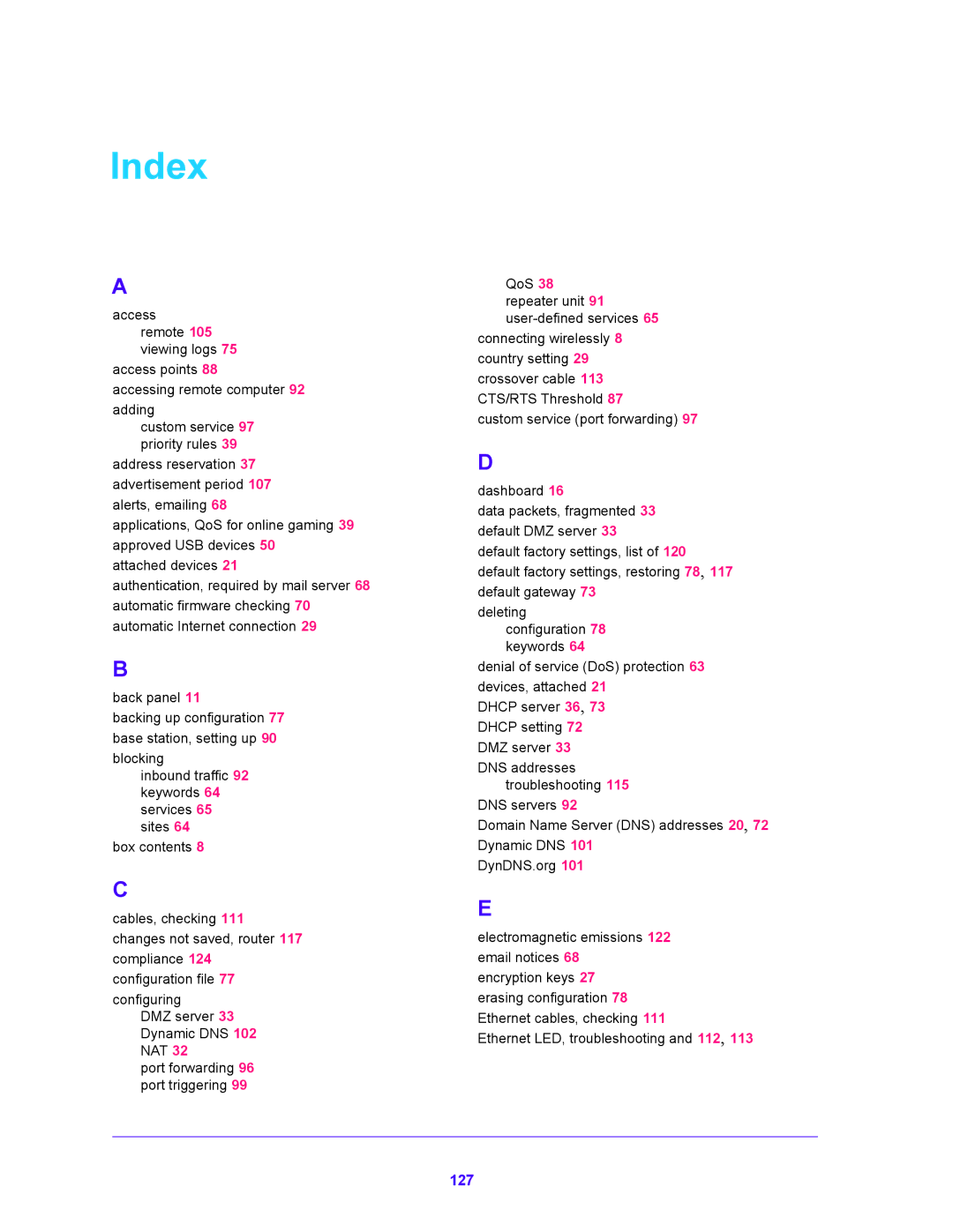 NETGEAR WNDR4500 user manual Index, 127 