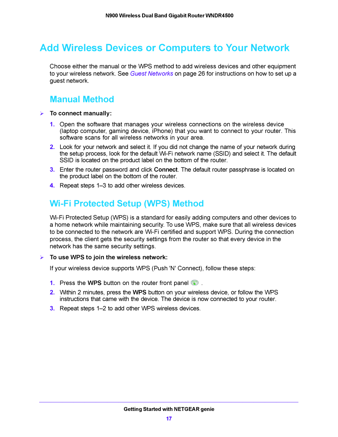 NETGEAR WNDR4500 Add Wireless Devices or Computers to Your Network, Manual Method, Wi-Fi Protected Setup WPS Method 