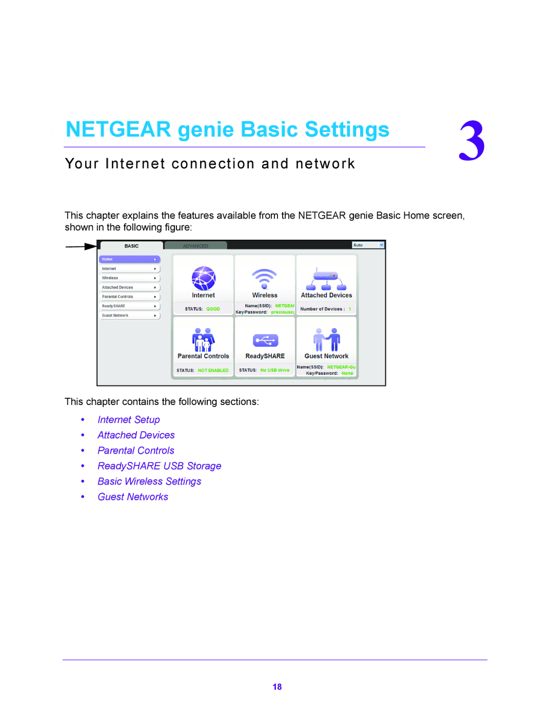 NETGEAR WNDR4500 user manual Netgear genie Basic Settings, Your Internet connection and network 