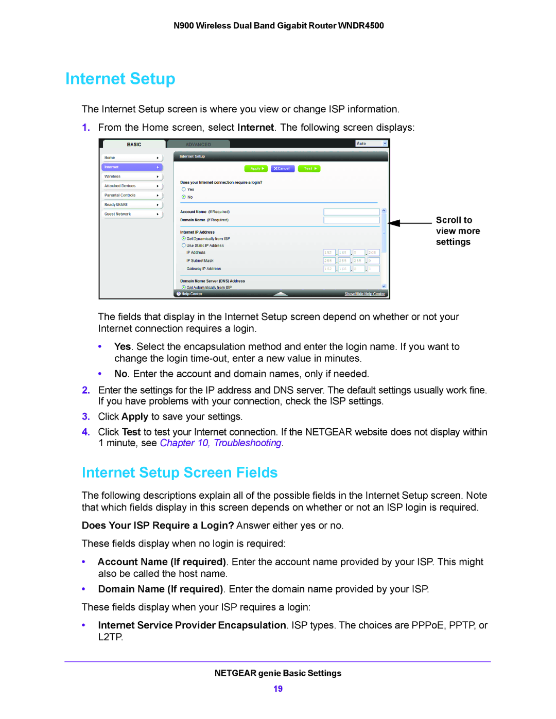 NETGEAR WNDR4500 user manual Internet Setup Screen Fields, Does Your ISP Require a Login? Answer either yes or no 