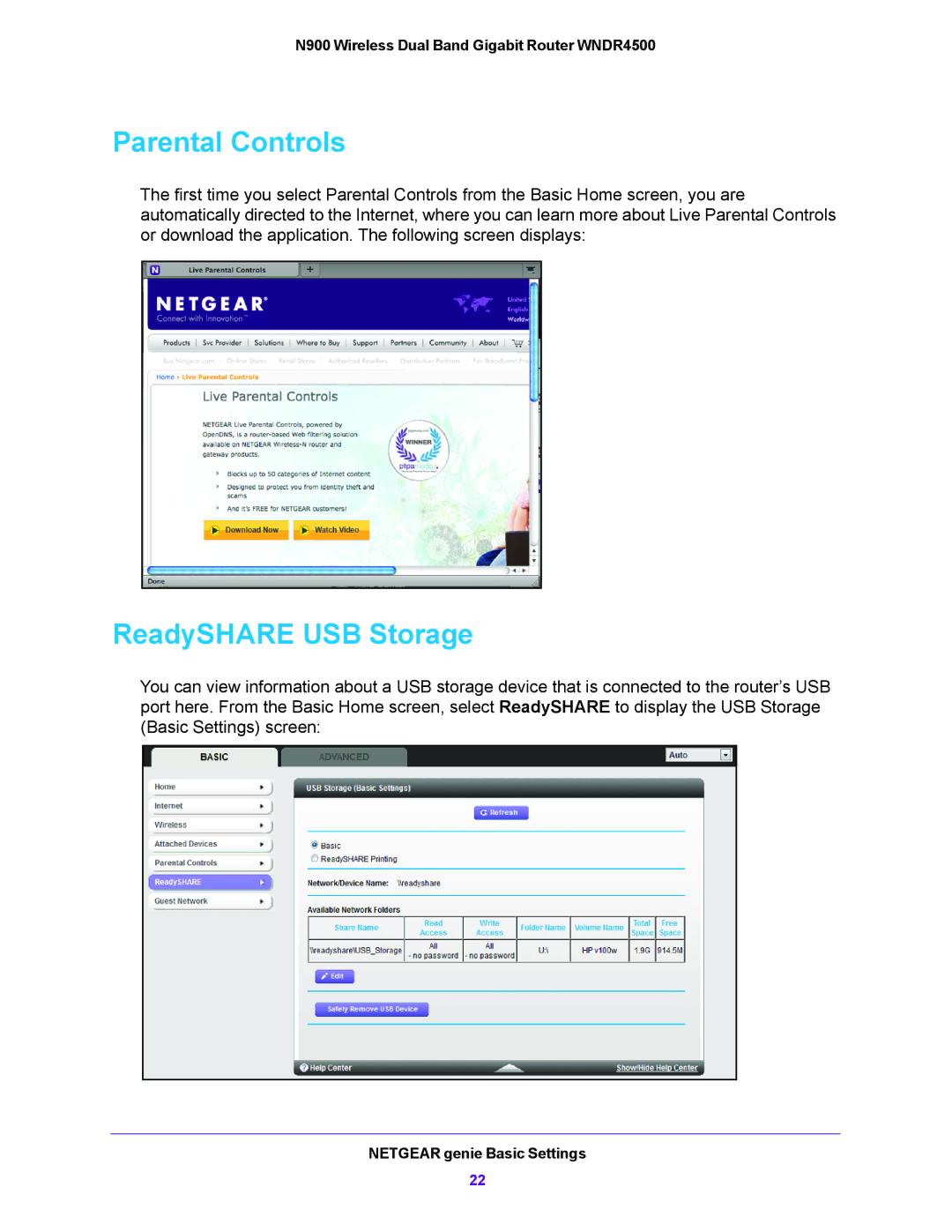 NETGEAR WNDR4500 user manual Parental Controls, ReadySHARE USB Storage 