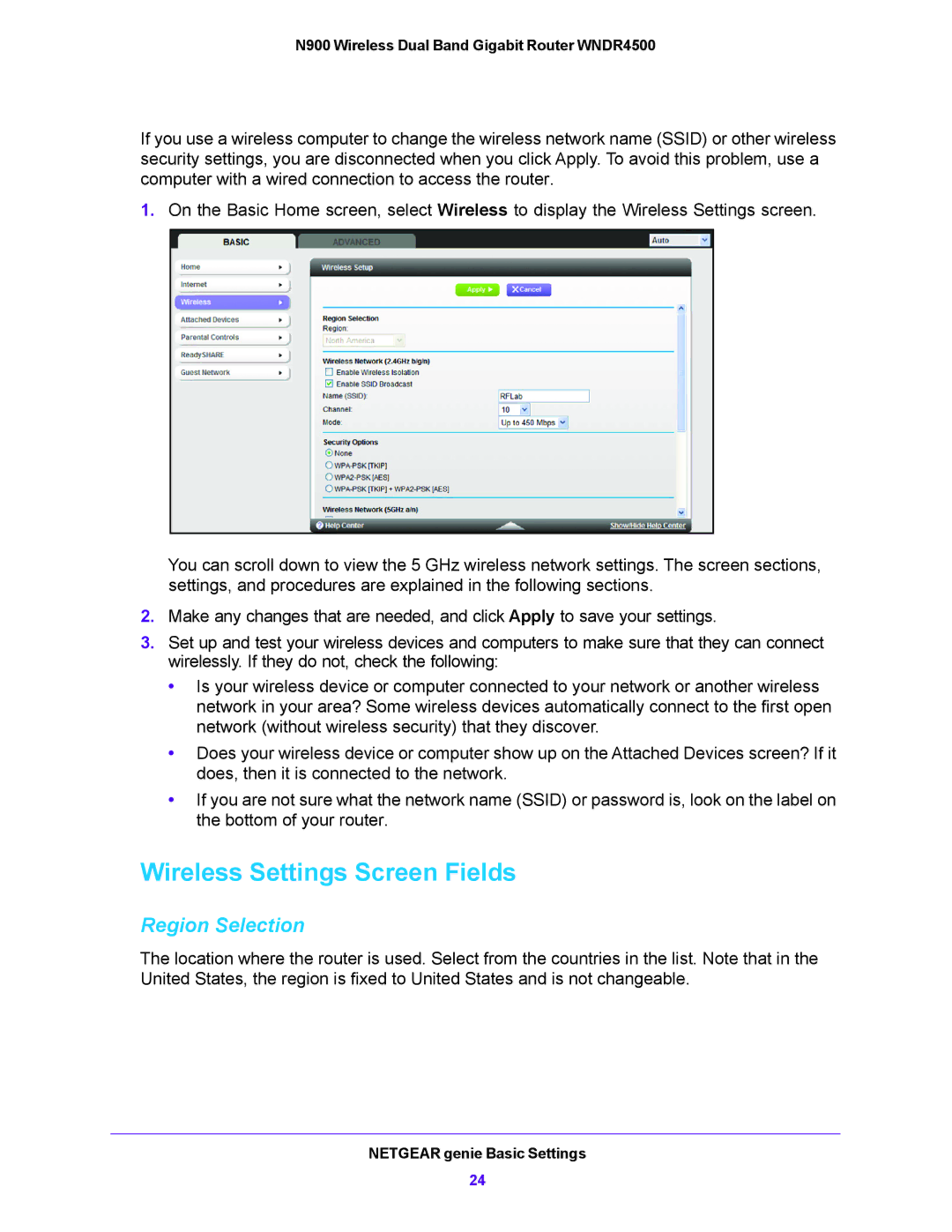 NETGEAR WNDR4500 user manual Wireless Settings Screen Fields, Region Selection 