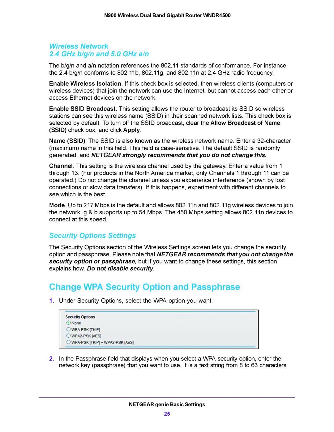 NETGEAR WNDR4500 user manual Change WPA Security Option and Passphrase, Wireless Network GHz b/g/n and 5.0 GHz a/n 