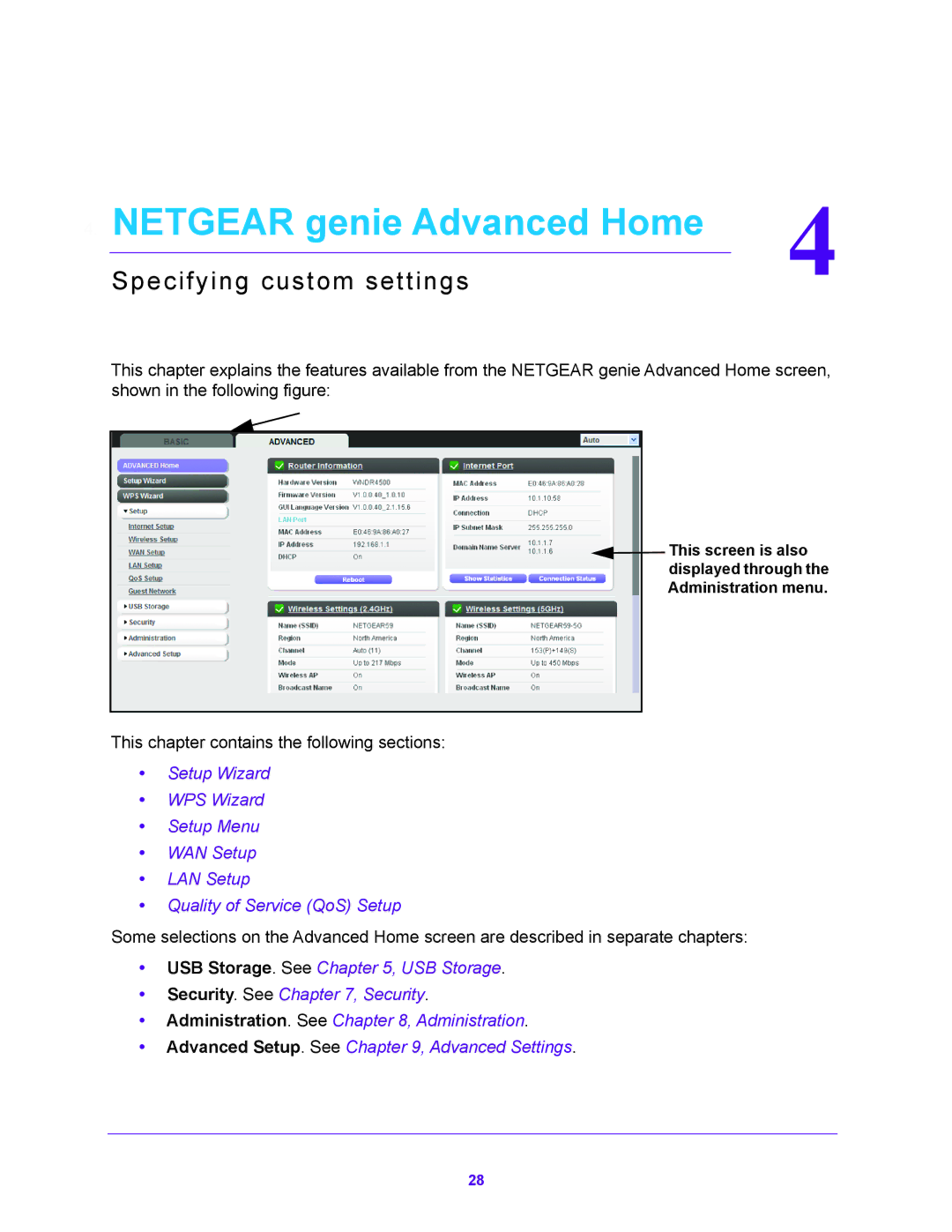 NETGEAR WNDR4500 user manual Netgear genie Advanced Home, Specifying custom settings 