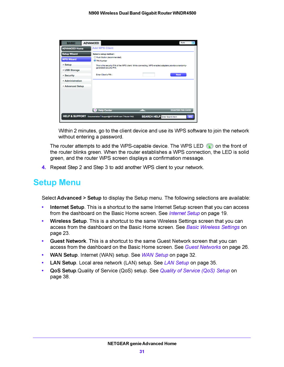 NETGEAR WNDR4500 user manual Setup Menu 