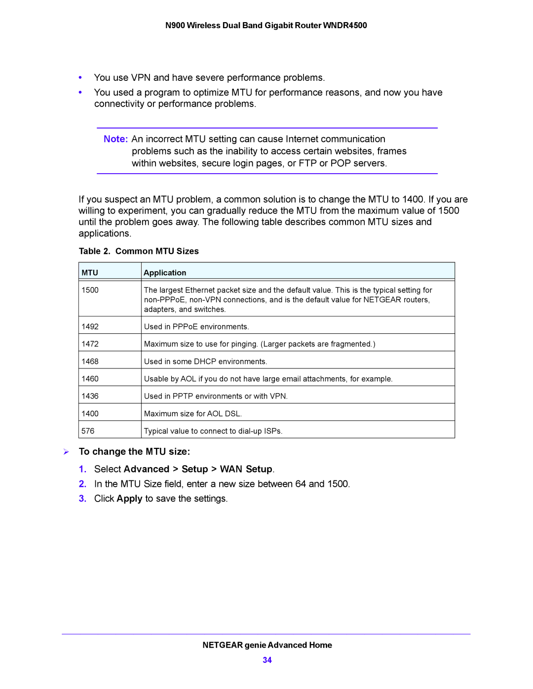 NETGEAR WNDR4500 user manual  To change the MTU size Select Advanced Setup WAN Setup, Common MTU Sizes 